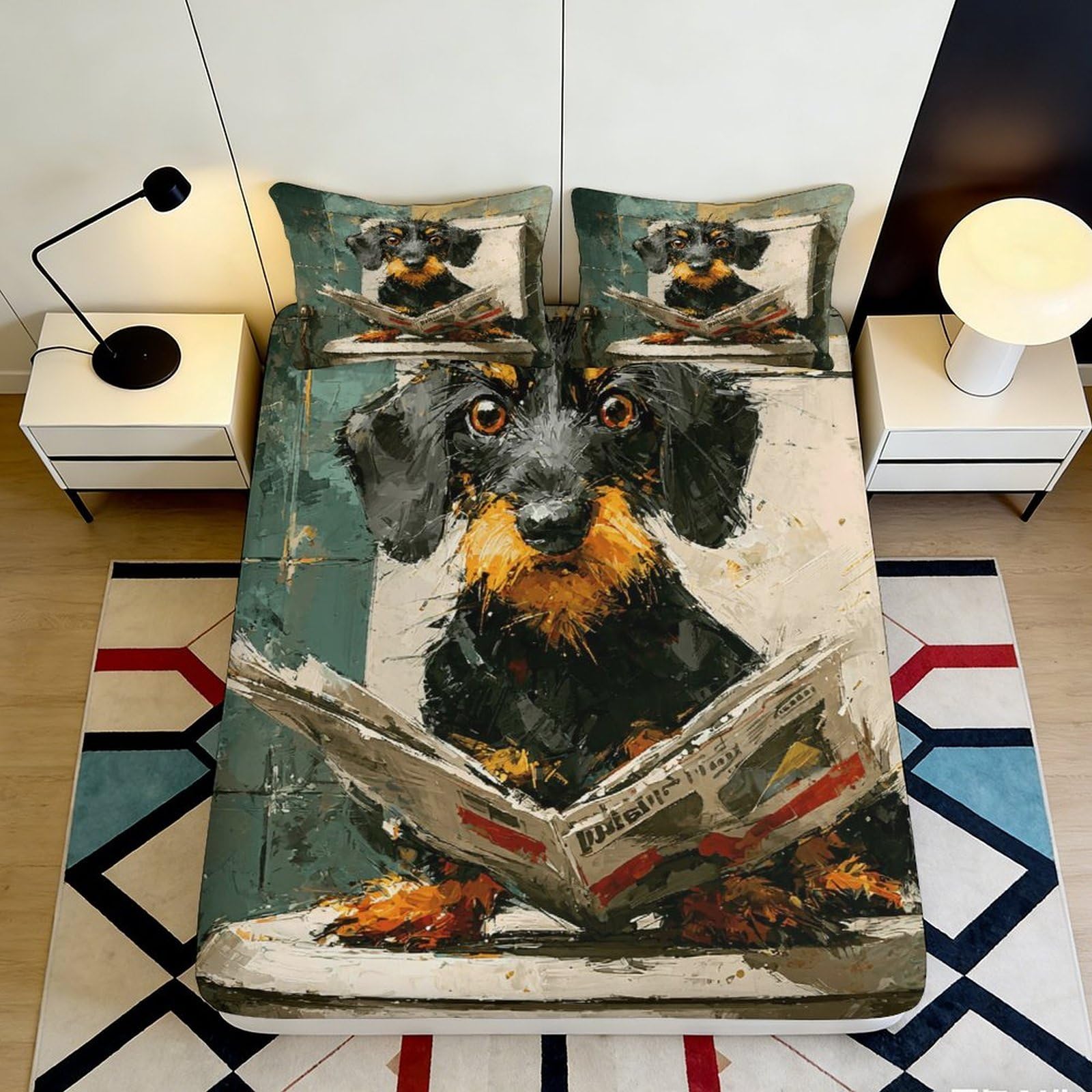 Pnayamiorkfel Style-1 3D Printed Dachshund Newspaper Fitted Sheet Microfiber Soft Dog Bed Cover For Bedroom Guest Room Easy Care Decor 90X200x25cm