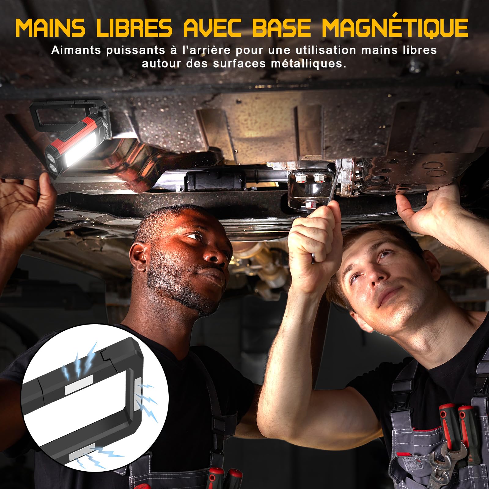 SPORWAY Lampe de Travail Rechargeable Puissante, Baladeuse LED Lampe Atelier avec Base Magnétique, Lampe Torche avec IPX6 Étanche, 7 Modes Lampe Mecanicien pour d'urgence, Garage et Camping