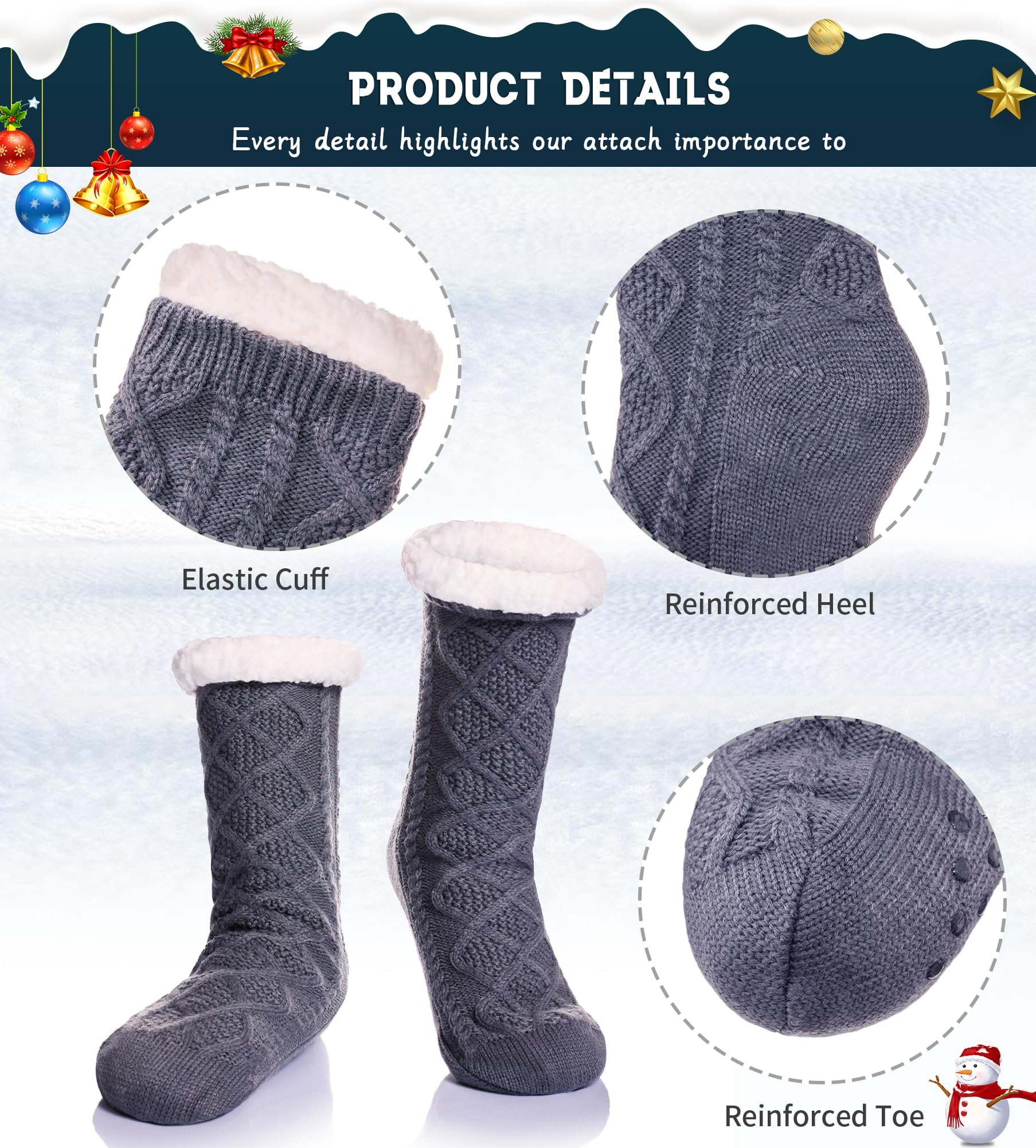 WEVIAS Men's Fleece Lined Cozy Extra Thick Slipper Socks Winter Non-Slip Fuzzy Home Sleeping Stockings, Dark Grey, One Size 3