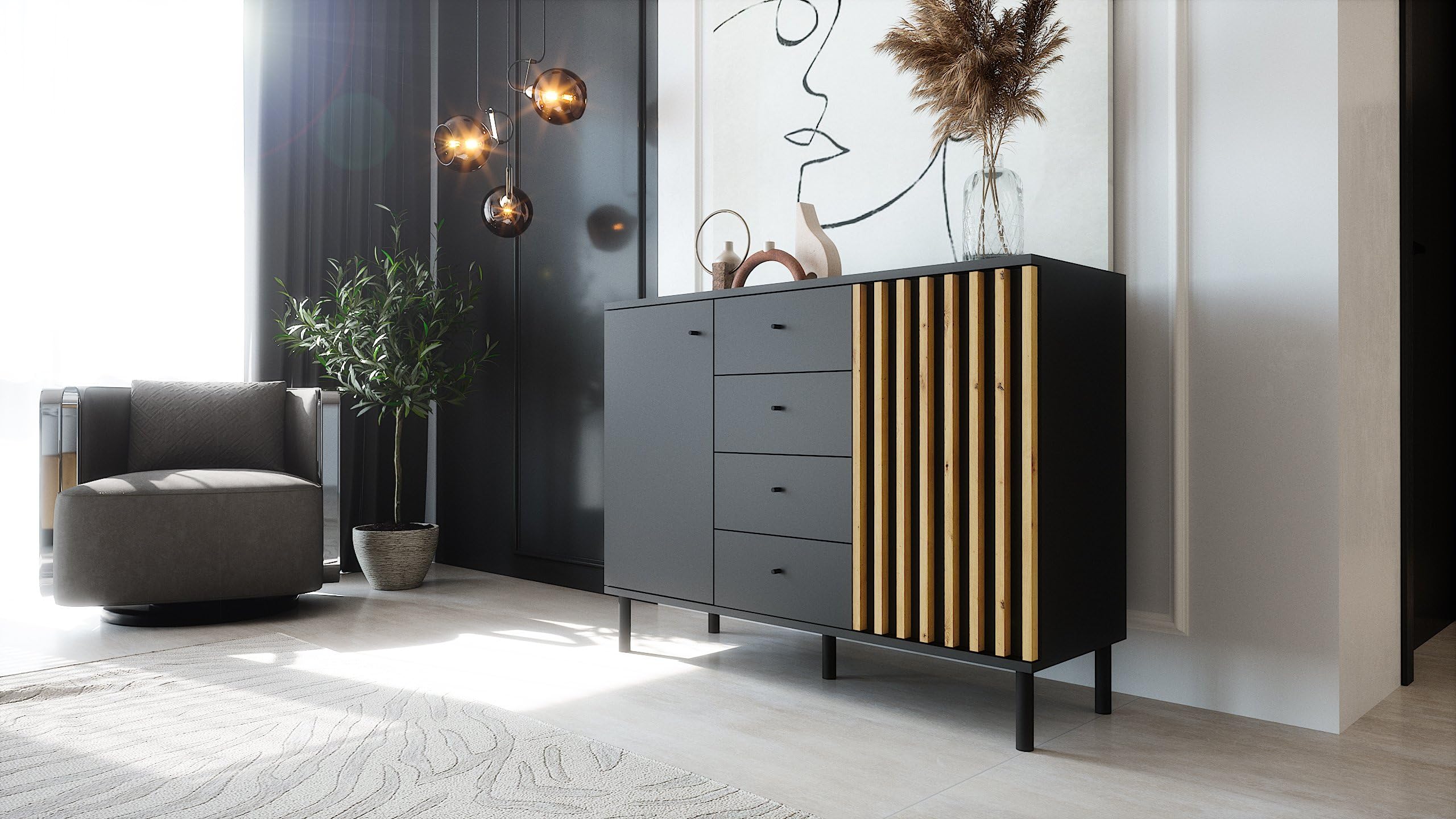 Newroom Kommode mit Schubladen Schwarz Wildeiche Sideboard Flur | Lamellenfront Vintage, 2 Türen und 4 Fächer, Anrichte Highboard modern, Metallbeine, Wohnzimmer Schlafzimmer