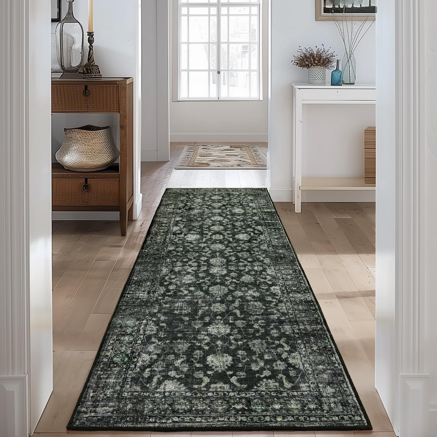 FROZZUR 2x6 Boho Green Runner Rug Vintage Farmhouse Hallway Entryway Rugs for Kitchen Bedroom Non Slip, Washable Boho Carpet for Home Decor Green