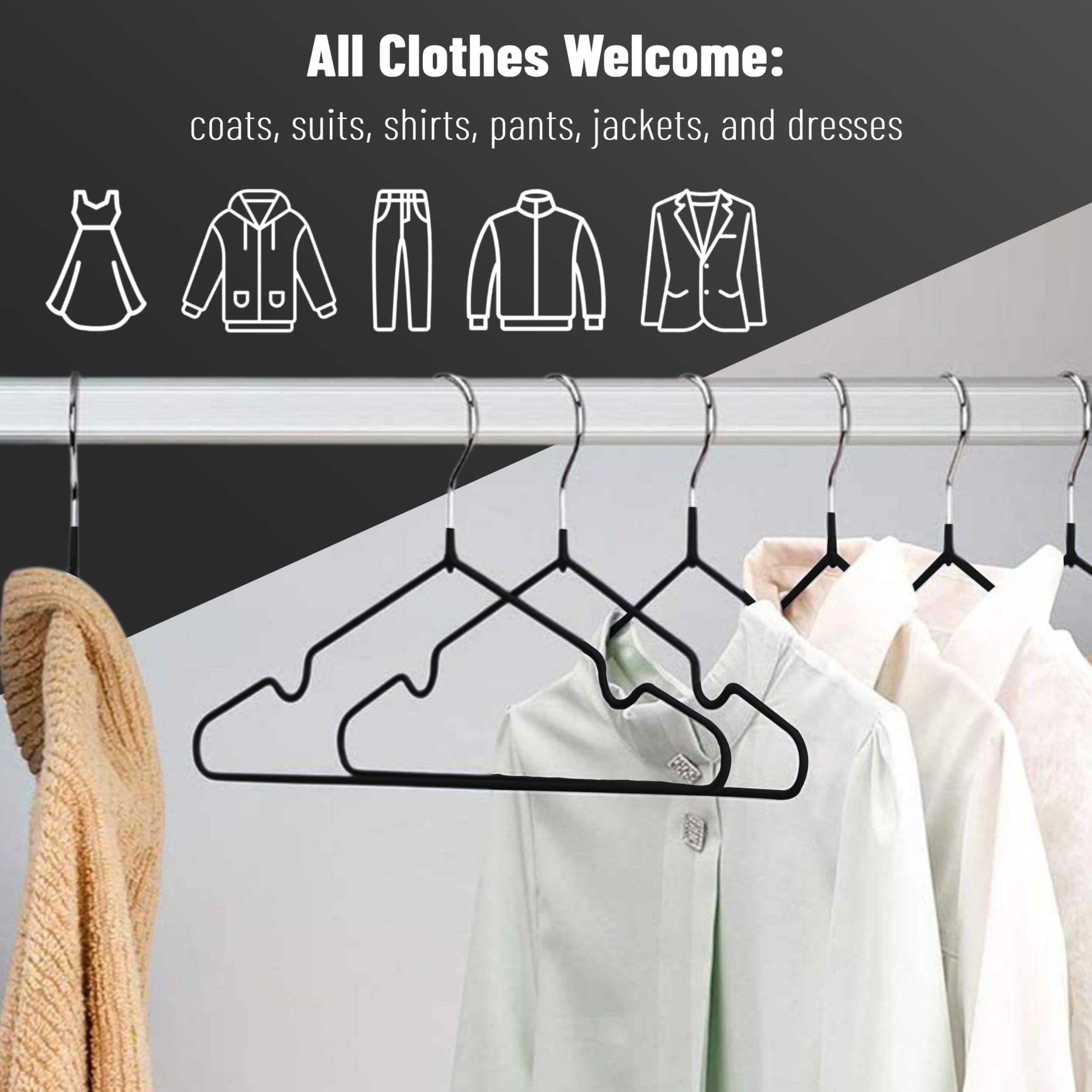 H-line Metal Hangers (20) Rubber Coated Heavy Duty Strong Clothes Space Saving Organiser Hangers For Wardrobes Coat Rack Rails & Closet Thin and Non-Slip Clothing Hanger (Black-20 Pack) - Image 6