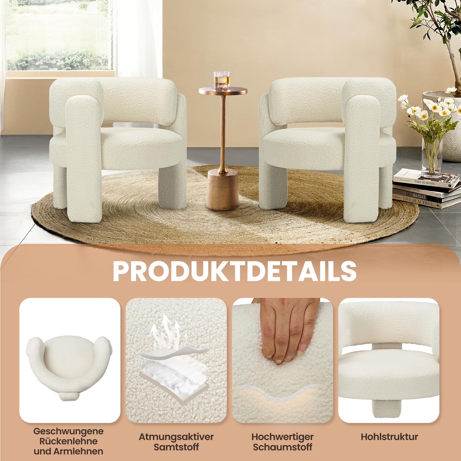 COLAMY Modern Velvet Ohrensessel, Gepolsterter Sessel Wohnzimmer, Bequemer Runder loungesessel mit 3 Beinen für Wohnzimmer, Schlafzimmer, Leseecke, Creme