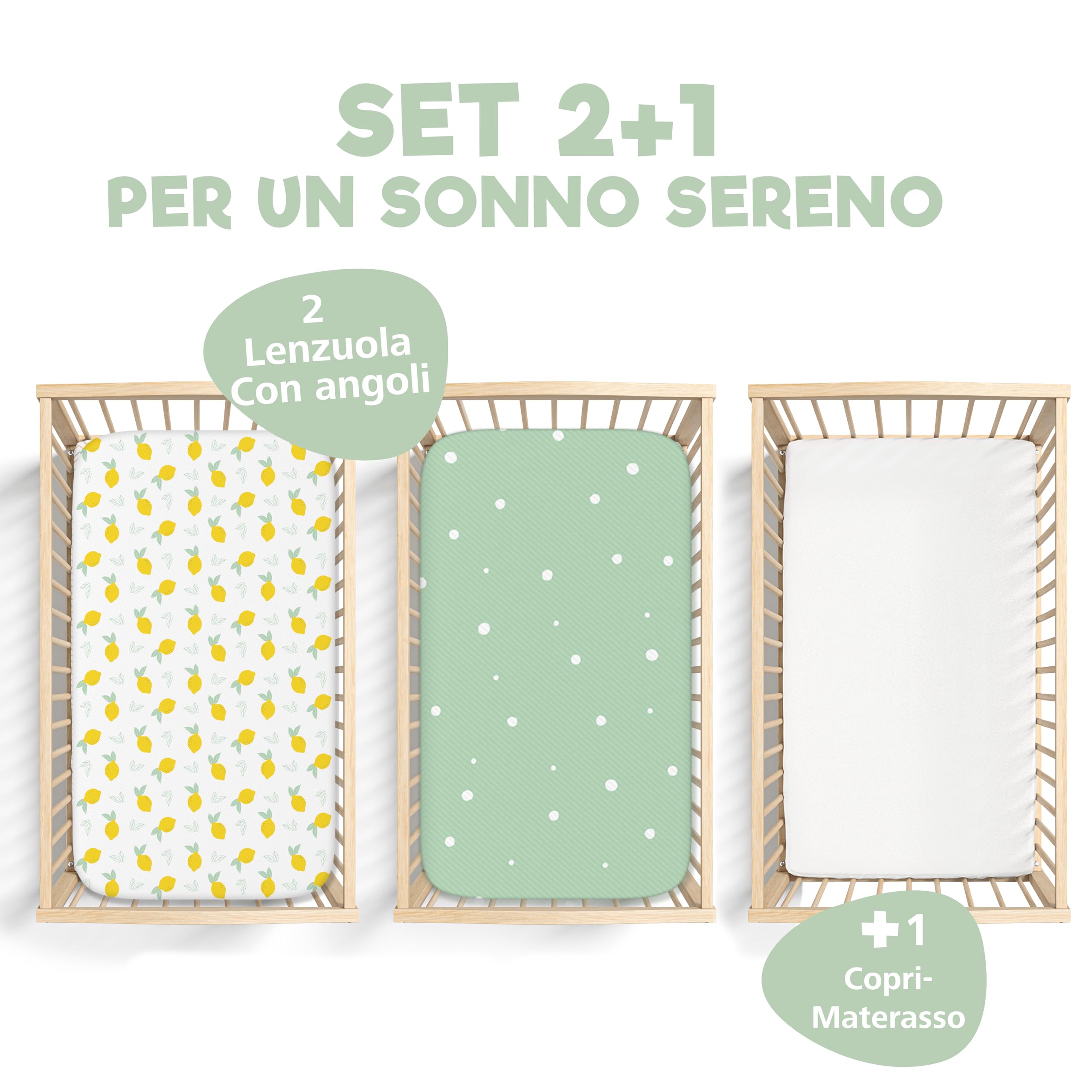 Lenzuola Next To Me 3-in-1 - Lenzuola Culla Cododo con Angoli (Set da 2) + 1 Coprimaterasso Impermeabile con Elastico - 50 x 83 cm - Per Culla Co-sleeping, Lettino - Bimbo e Bimba - Limone