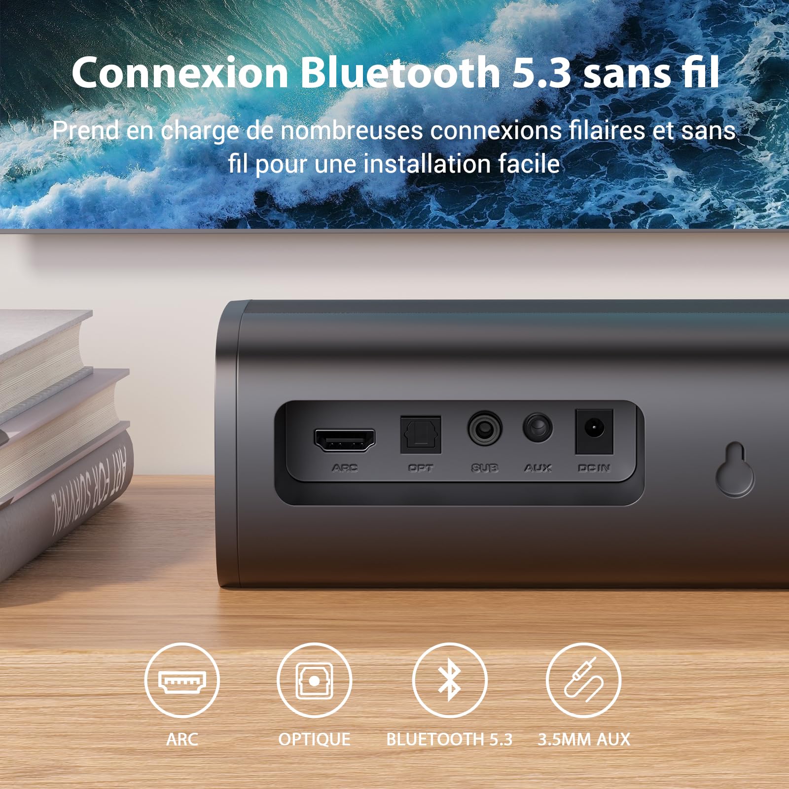 Barre de Son pour TV avec 5.9'' Big Powerful 110W Subwoofer, Enceintes TV aux Deep Bass, Bluetooth 5.3/Arc/Opt/AUX Connectivité, Système de Son Surround pour PC/Gaming/Projectors/Gift, 1Set