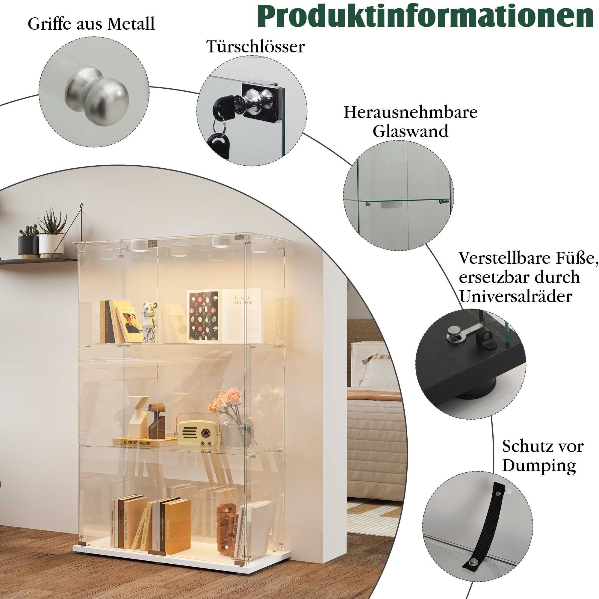 Glasvitrine Standvitrine mit LED Beleuchtung, Glasvitrine Stehend mit 3 Glasböden & 2 Glastüren abschließbar, Vitrinenschrank für Wohnzimmer Büro Sammlerstücke Bücher Wein Weiß