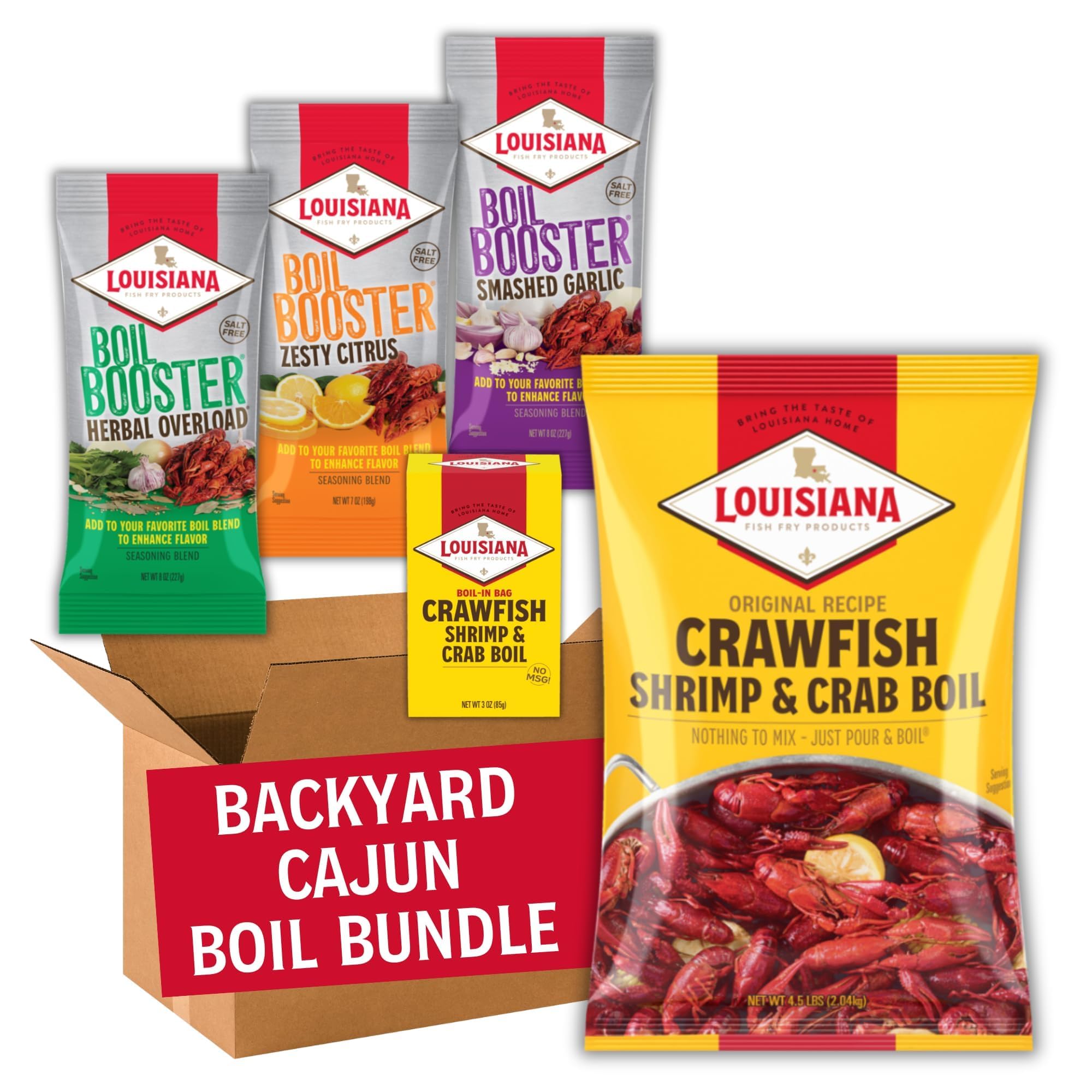 Louisiana Fish Fry Products Backyard Cajun Seafood Boil Bundle - 4.5 lb Boil Seasoning, Herbal Overload, Smashed Garlic and Zesty Citrus Boil Boosters