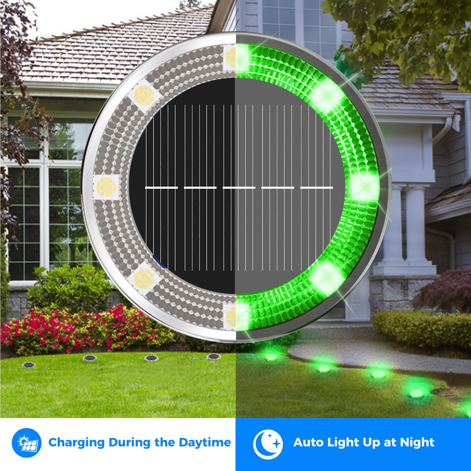 Peasur 6 Pack Solar Lights Outdoor Garden, Green Solar Ground Light, Waterproof Disk Lights for Pathway Patio, Yard, Lawn, Landscape - Image 3