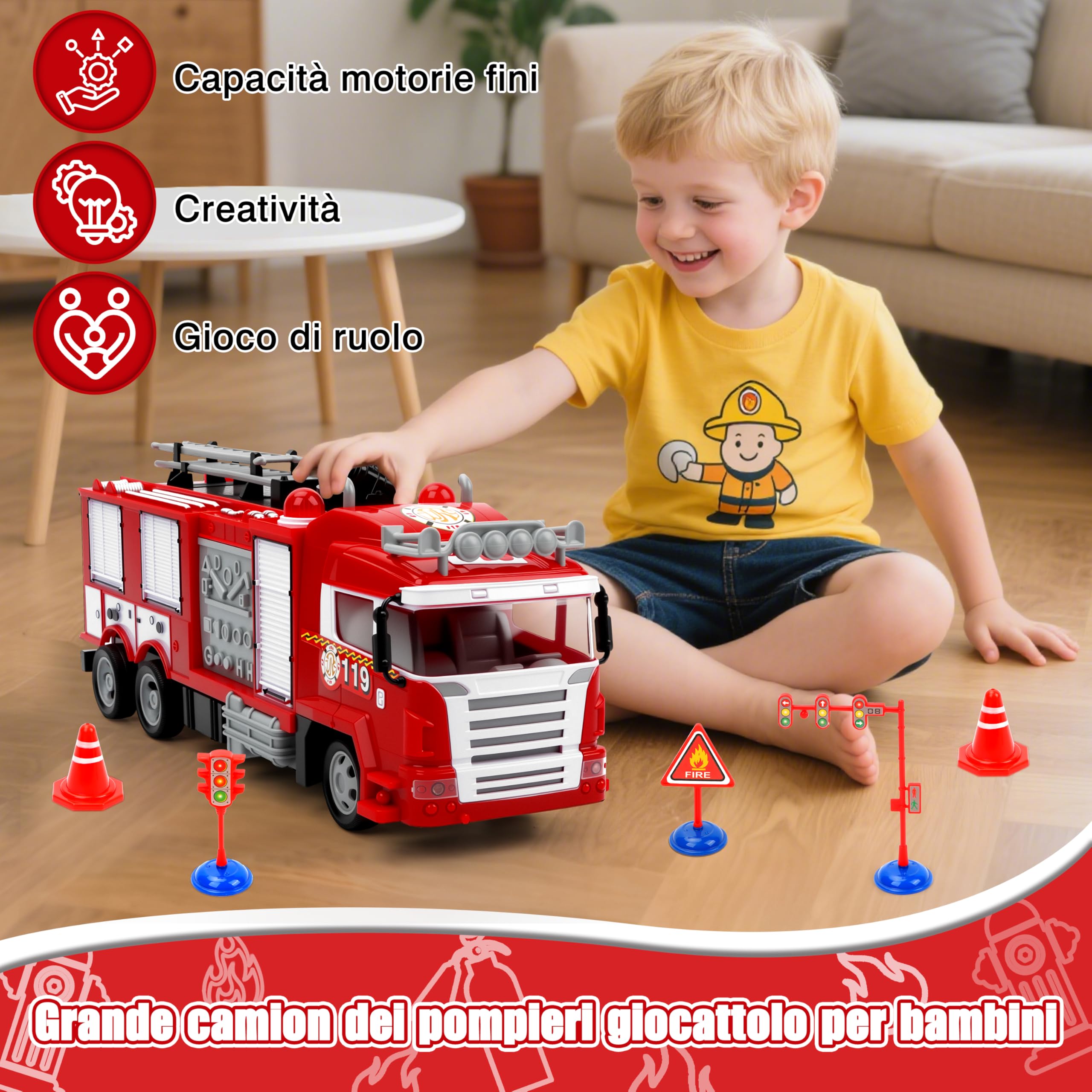 MOMOSTAR Camion Pompieri Giocattolo, 1:18 Camion Pompieri Telecomandato con luci e suoni, Pompiere Giocattoli con Spruzzatrice d'acqua, Giochi Vigili del Fuoco Regalo per Bambini 3 4 5 6 7 8 Anni