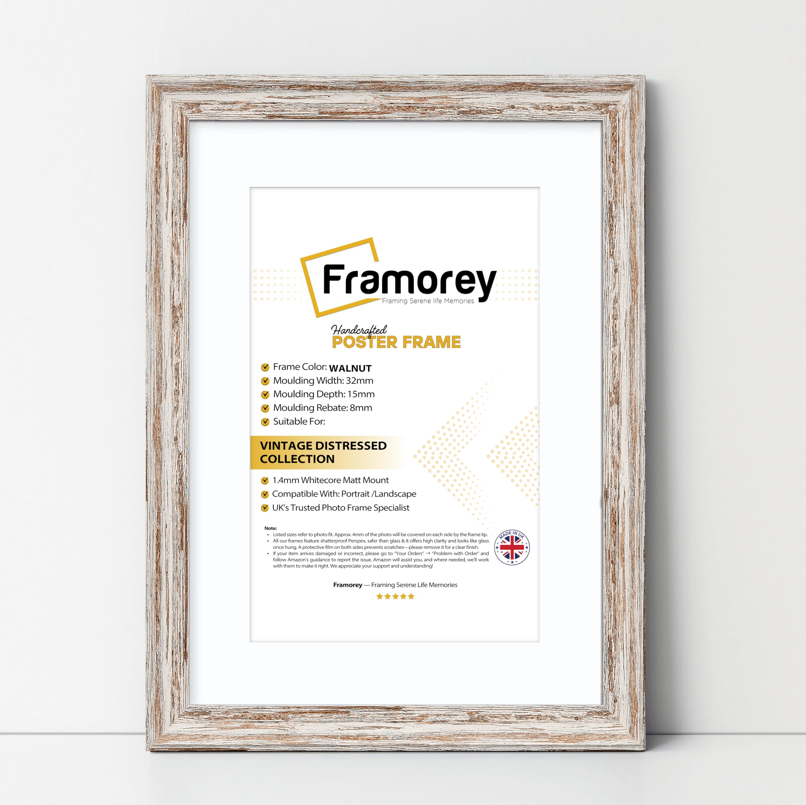 Framorey Framing Serene Life Memories Walnut With White Mount Framorey Vintage Distressed Picture Frame, A5 Size Black Picture Frame With A6 Size White Mount, Wall Hanging Frames, Personalized Frames