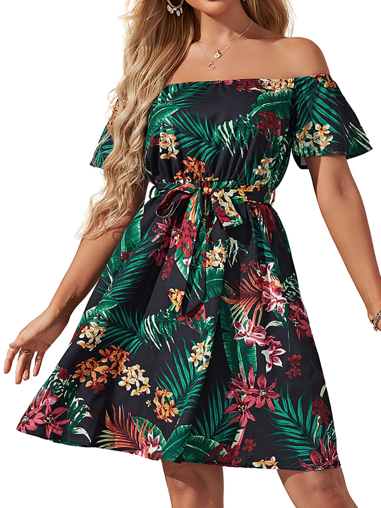JECEIKAWomens Off Shoulder Ruffle Floral Summer Wedding Guest Dresses A  Line Shift Short Skater Dress with Belt