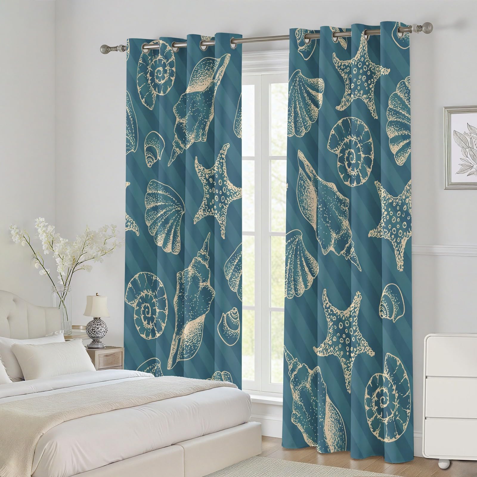 Seestern Muschel Vorhänge, Meer Küste Strand Gardinen Blickdicht, Gestreift Nautische Vorhang mit Ösen, Verdunklungsvorhänge fur Wohnzimmer Schlafzimmer, 2er Set Curtain H175 x B140 cm