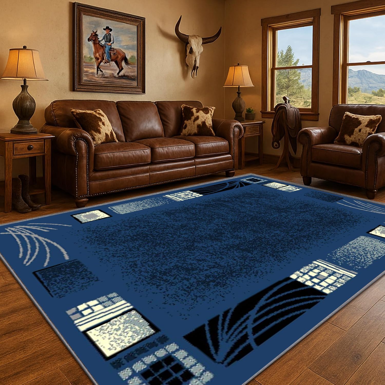 YHUERC Area Rugs Collection, 70x140cm Washable Living Room Rug, Hallway Entrance Non-Slip Mat, with Soft Smooth Pile Cozy Bedroom Rug. Contemporary Borders Design. for Home Office(Blue Borders)
