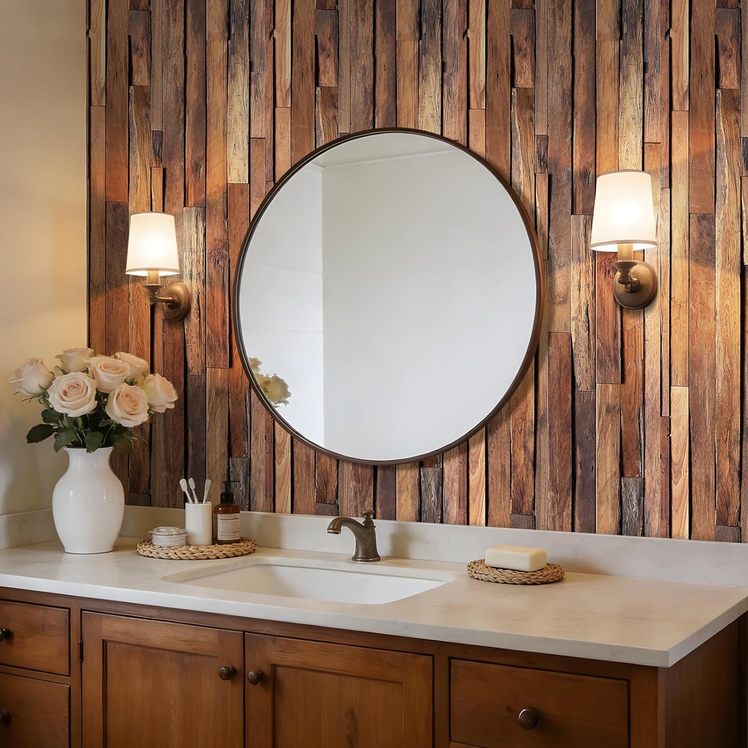 Wood Wallpaper Peel and Stick Faux 3D Textured Rustic Red Brown Barn Wood Plank Accent Walnut Contact Paper Removable Vinyl Log Cabin Wallpaper Self Adhesive Shabby Chic Distressed 17.5x80" Hellowall