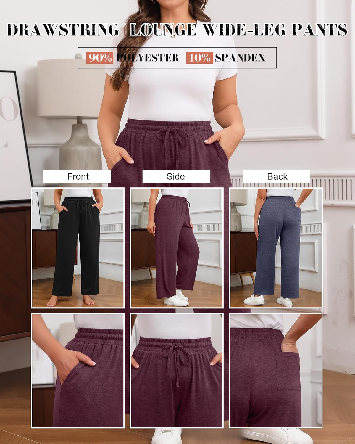 Neer 3 Pack Women's Plus Size Pants, Drawstring Wide Leg Lounge Pants with Pockets Casual Pajamas Comfy Loose Yoga Sweatpants - Image 4