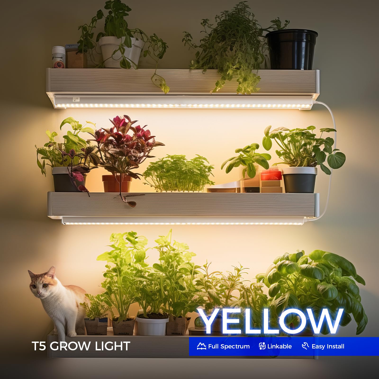 Barrina Lampada per Crescita T5, 59 cm, luce solare gialla a spettro completo, 40 W (4 x 10 W), lampade LED per piante 2FT con interruttore on/off, collegabili, serra, plug and play, 4 pezzi