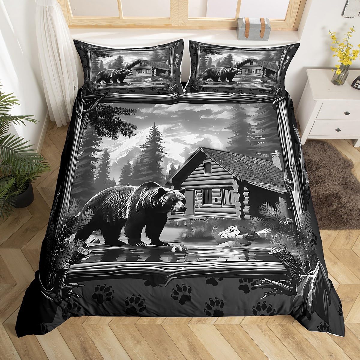 jejeloiu Kids Bear Bedding Set Toddler Size Rustic Cabin Lodge Bedding Duvet Cover Set for Boys Teens Decor Nature Wildlife Bear Comforter Cover Set Farmhouse Grey 2Pcs,No Comforter