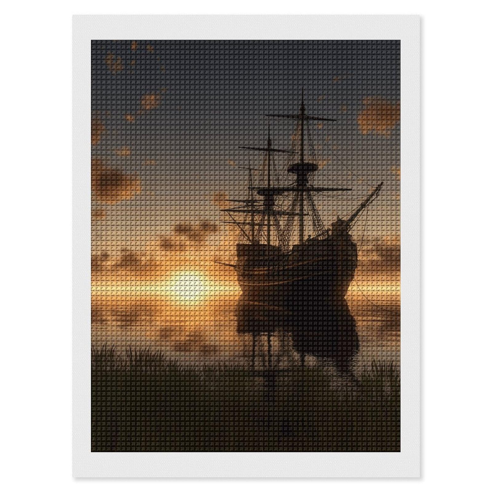 Ship in The Lake Sunset Diamond Art Kits for Adults, DIY 5D Diamonds Painting Kits for Beginner, Round Full Drill Diamond Dots Painting, 12"x16" Diamonds Pictures Gem Art and Crafts Wall Decor
