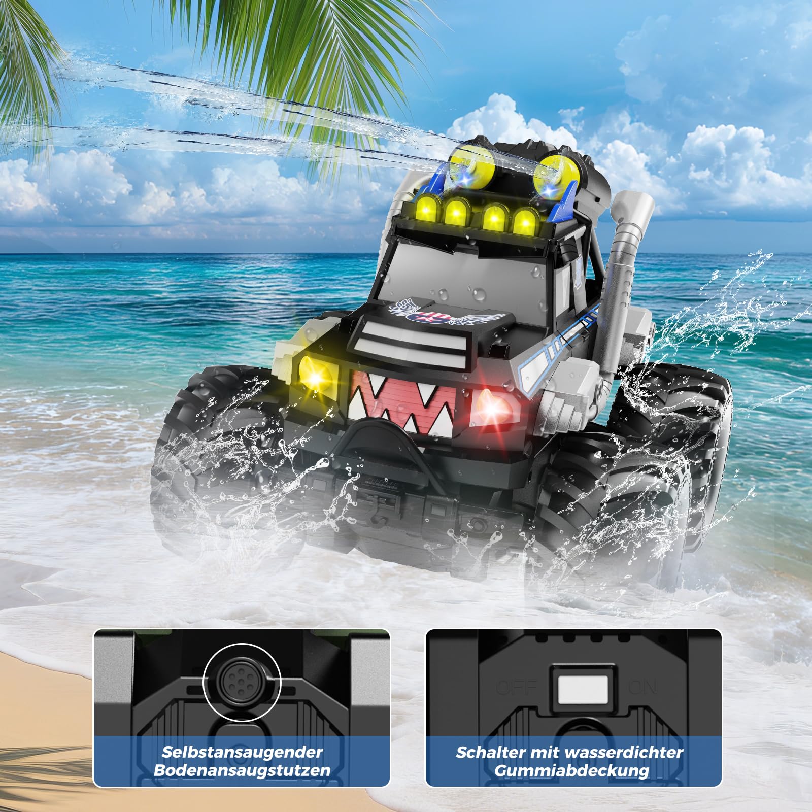 Dysaim Amphibienfahrzeug Ferngesteuertes Auto Offroad, Monstertruck Ferngesteuert, Kinder Spielzeug 2,4 Ghz RC Auto mit Fernbedienung Drift Car Monster Jam Ferngesteuertes Auto Ab 6-12 Jahre