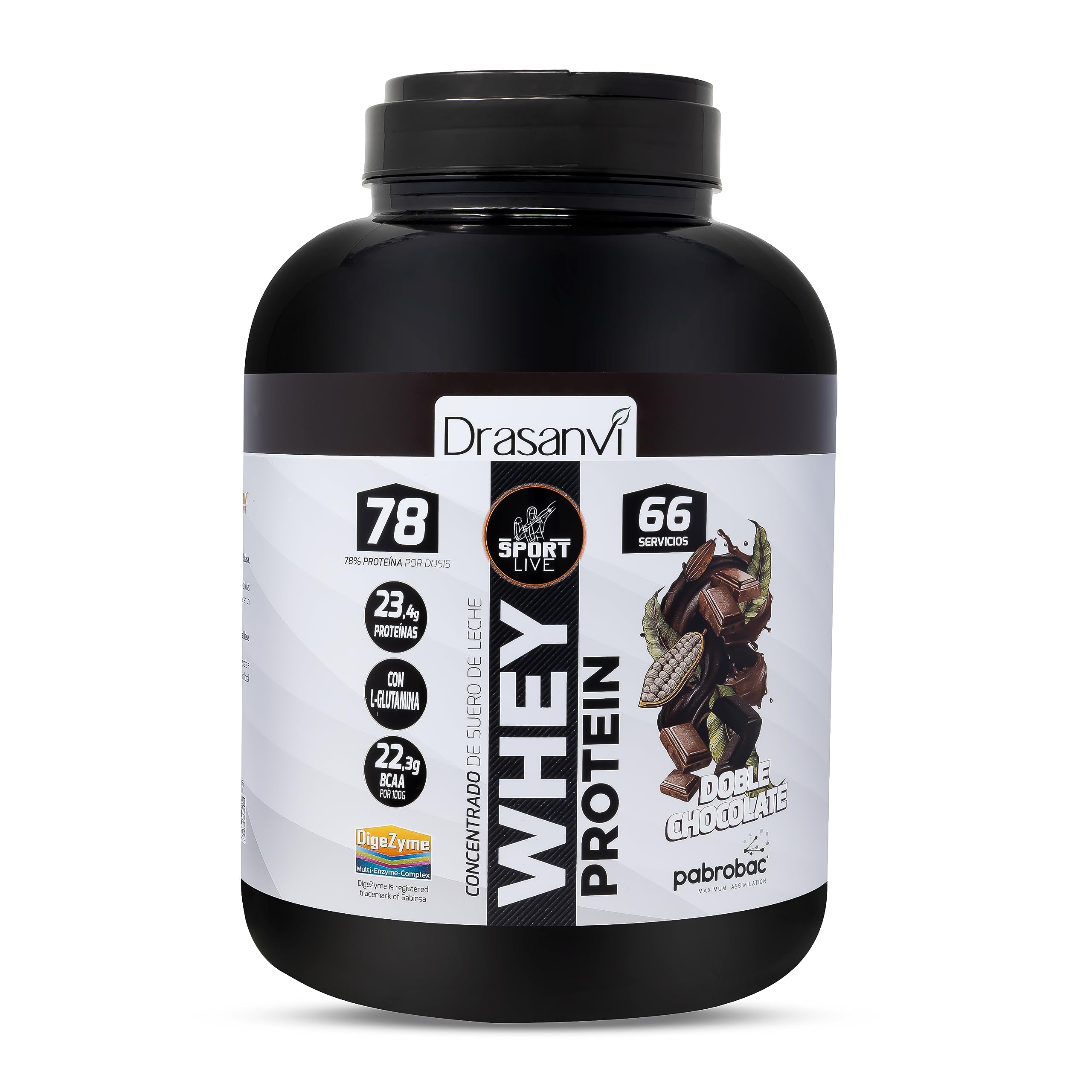 SPORT LIVE Concentrado de proteinas de suero de leche | Whey Protein en polvo con L-Glutamina y L-Leucina | Ayuda a aumentar tu masa muscular | Mejora tus batidos |Doble Chocolate | 2 KG