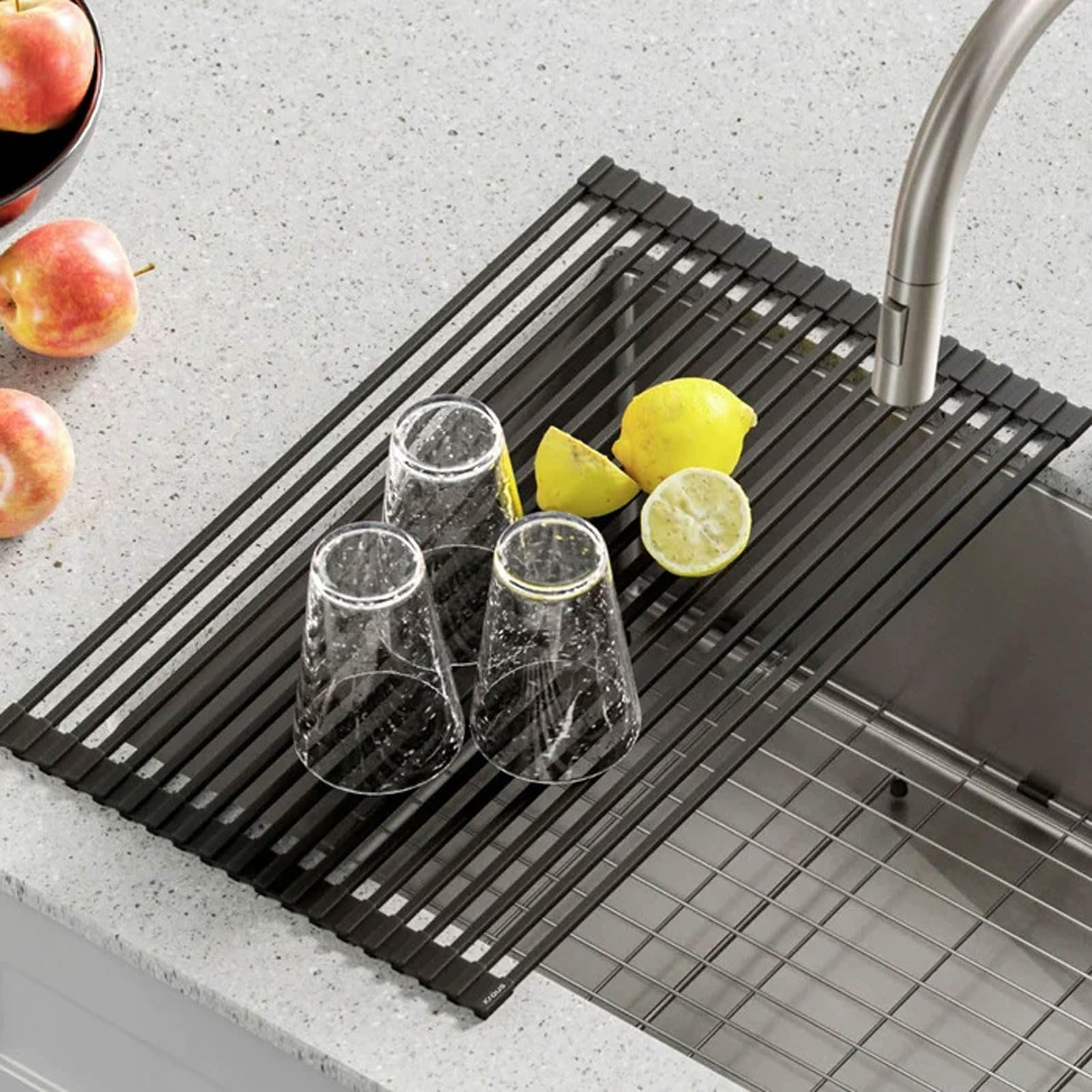HUHJYUGE Scolapiatti Pieghevole in Silicone per Lavello da Cucina, Griglia Scolapiatti Arrotolabile per Piatti, Ciotole, Bicchieri e Verdure, Organizzatore Salvaspazio (White Square tube/52x33cm)