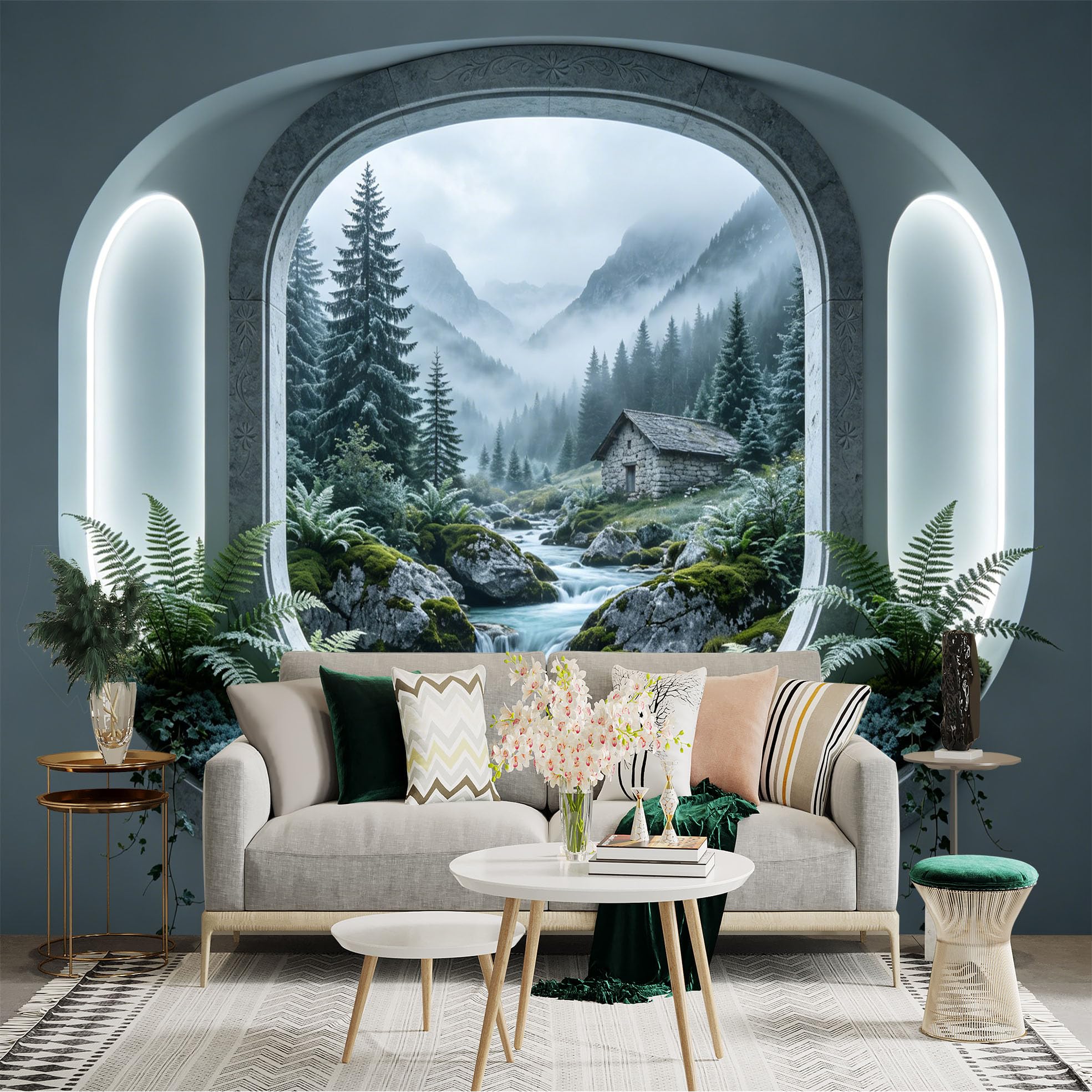 Custom Size Wall Sticker Mural， Mountain Cabin by River with Pine Forest and Misty Valleys， for wall Decoration， peelandstick wall Decals.