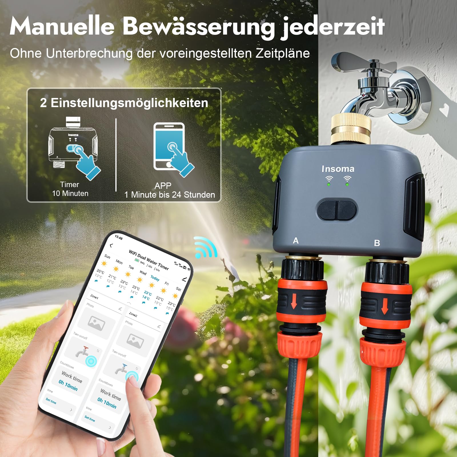 2-Zonen-Wasser-Timer mit Messing-Ein- und Auslass, Sprinkler-Timer für Gartenschlauch, APP-Fernbedienung, WiFi-Schlauch-Timer mit Gateway, Sprachsteuerung mit Alexa, Regenverzögerung und manueller Mod