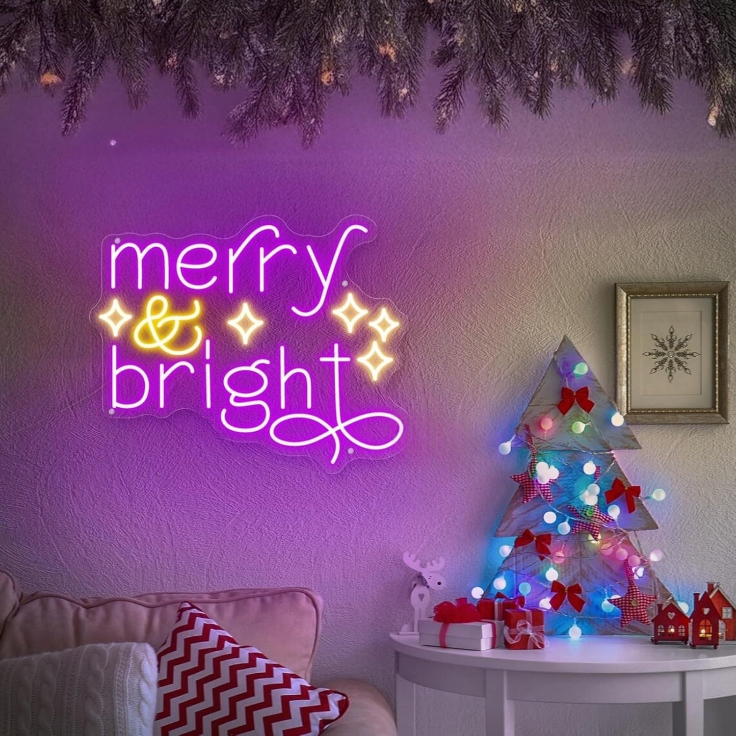 Christmas Merry & Bright Neon Sign, Christmas Home Decor Sign, Holiday Sign, Xmas Decor, Pine Tree Xmas Neon Sign Perfect for Kids' Bedrooms, Holiday Parties, Bars, and Clubs