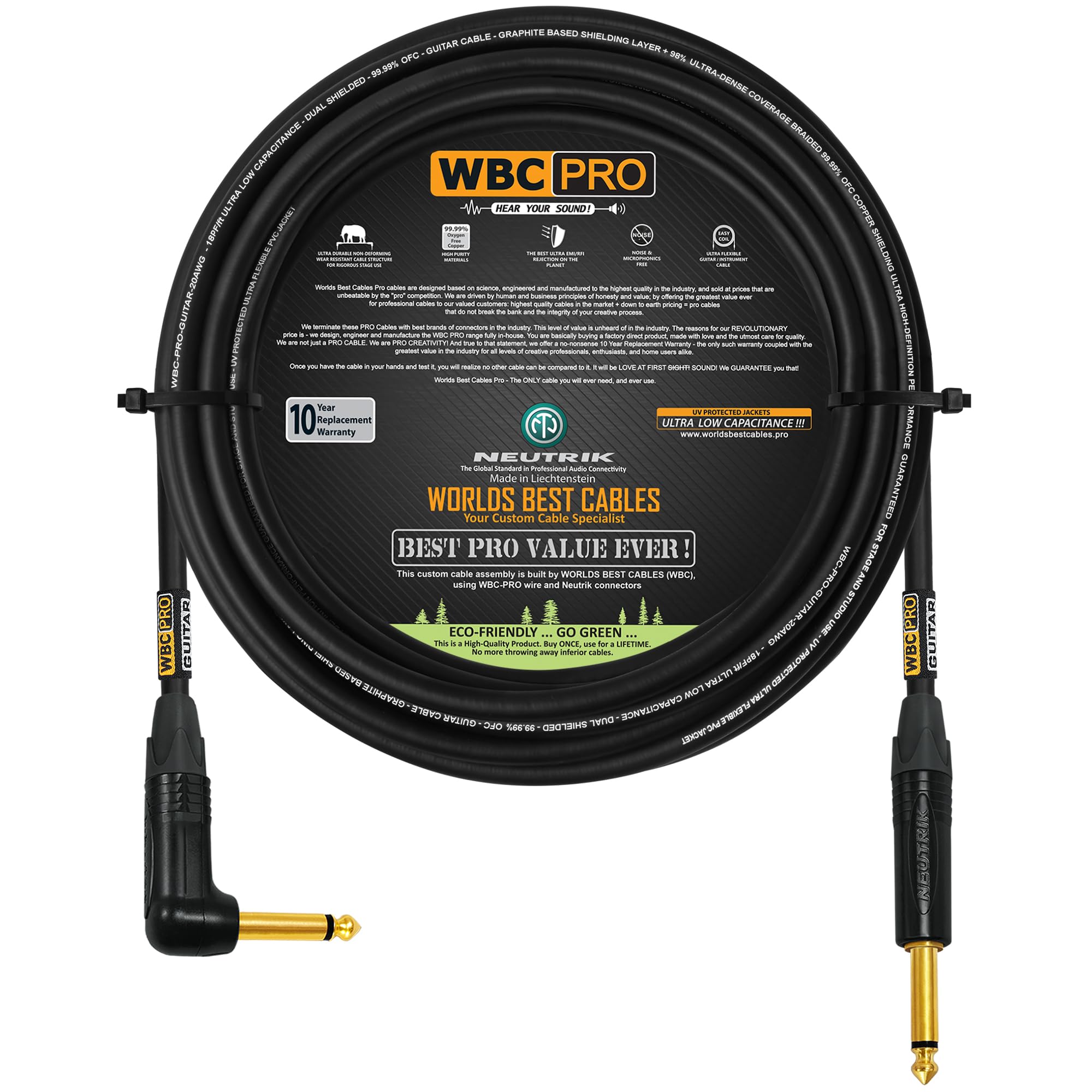 WBC-PRO-Guitarra de 75 pies – 20 AWG – Tapa baja (18 pF/ft) – Grado profesional – a base de grafito – Cable de guitarra blindado doble blindado, bajo, instrumento con conectores Neutrik recto a ángulo
