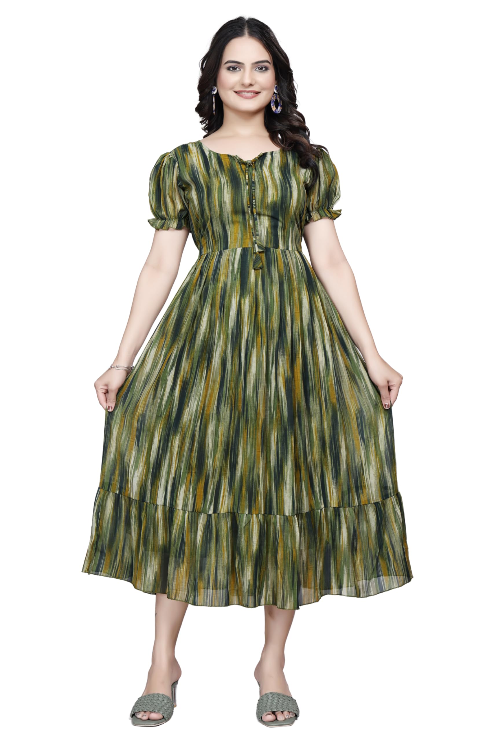 Elegant Georgette Printed Midi Dress for Women | Puff Sleeve A-Line Fit and Flare Dress | Round Neck Tie-Up Party Dress-image-33
