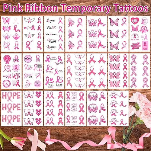 Miniatura 4 de Tatuajes temporales de concientización sobre el cáncer de mama, 20 hojas de calcomanías de cinta rosa de JUNEBRUSHS para maquillaje, tatuajes
