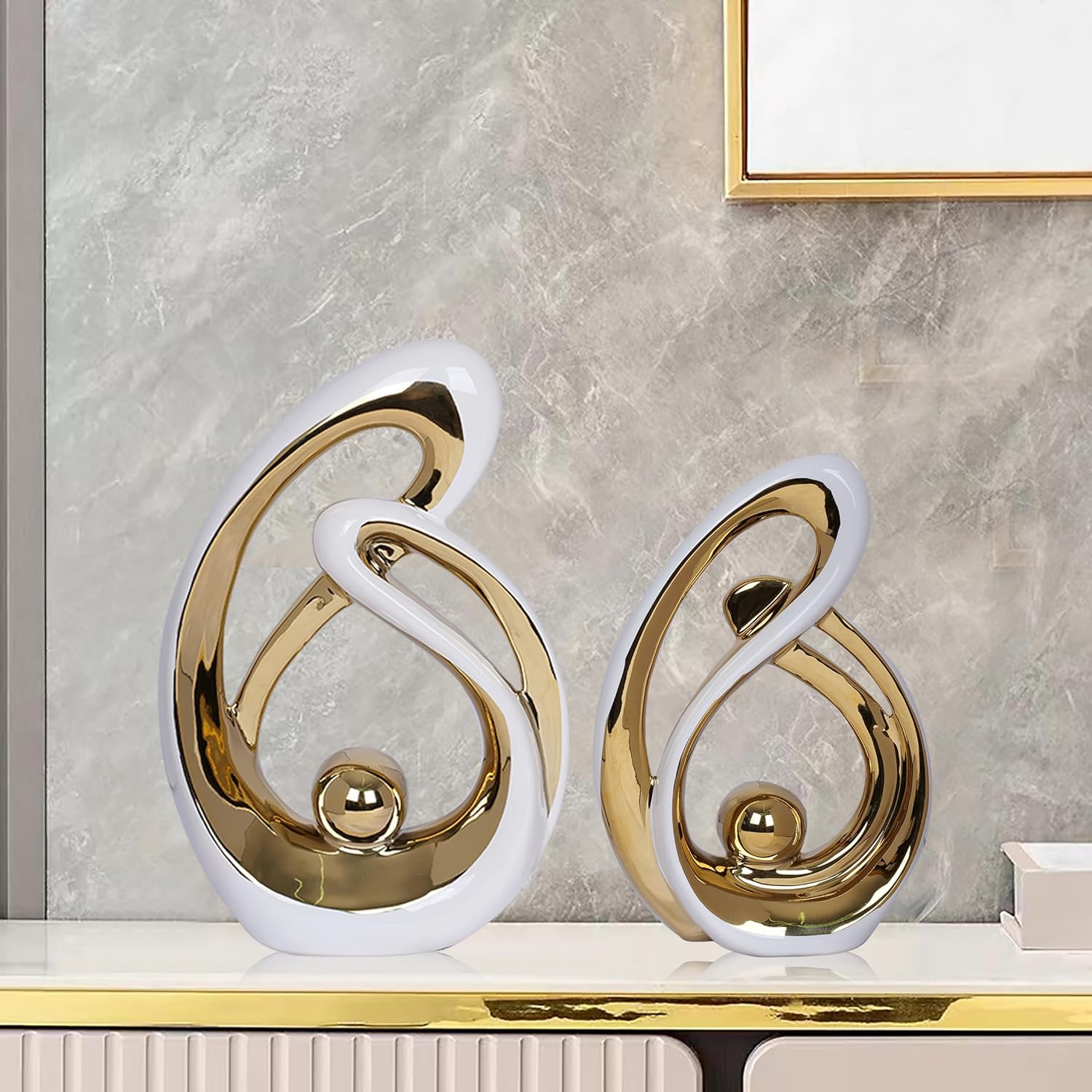 2 PCS White Gold Decor Accent Ceramic Statue White Mid Century Modern Home Decor Accents Sculpture Decorations Centerpieces for Living Room Bookshelf Shelf Coffee Table Kitchen Office Dining Table