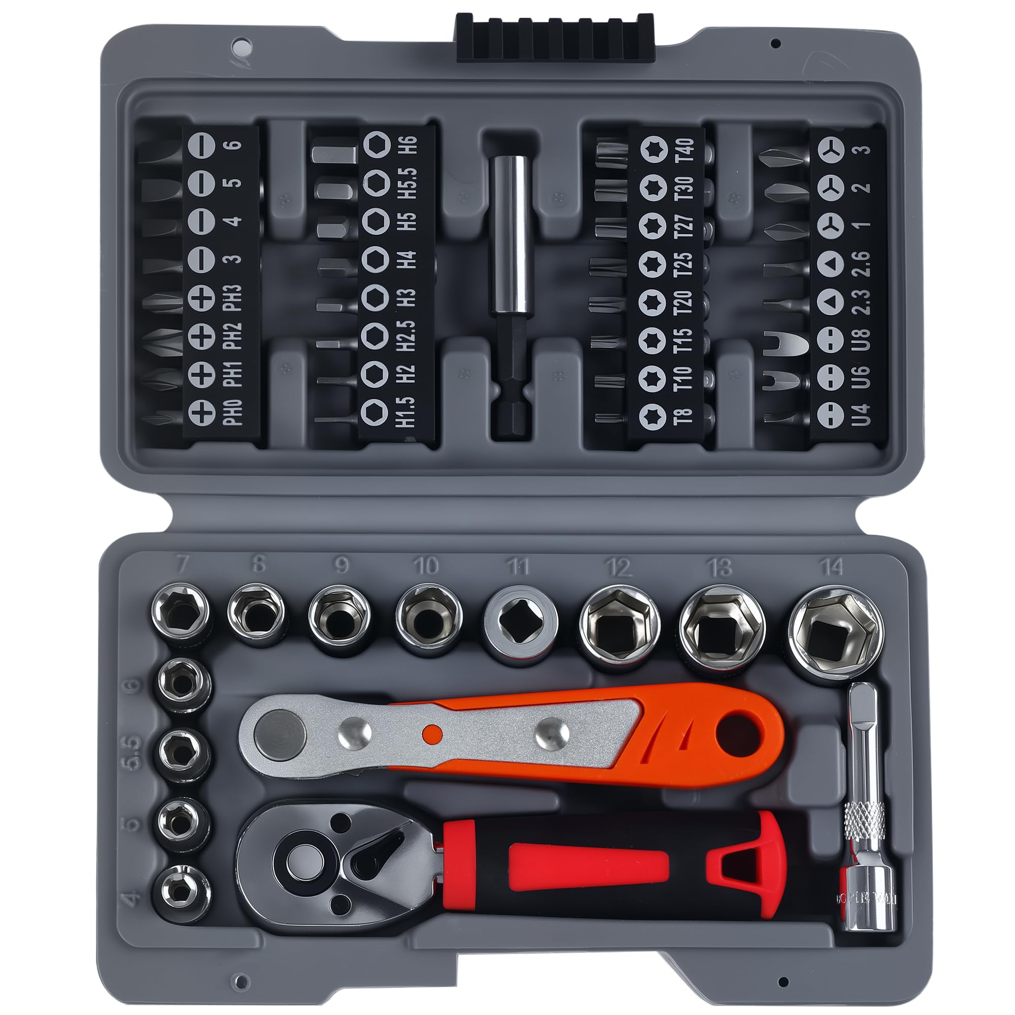 YLPHOTOELEC 48-Piece 1/4 Inch Mini Socket Ratchet Wrench Set – Includes Metric Shallow Sockets (4-14mm) with 6-Point Design, 72-Tooth Mini Ratchet
