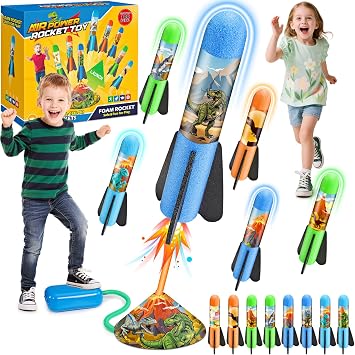 Anginne Dinosaur Toys Rocket Toys for Kids Ages 3-12 - 8 Foam Rockets Outdoor Garden Launcher, Space Toy for Boys Girls with Adjustable Launch Angle, Fun Gift for Backyard Play