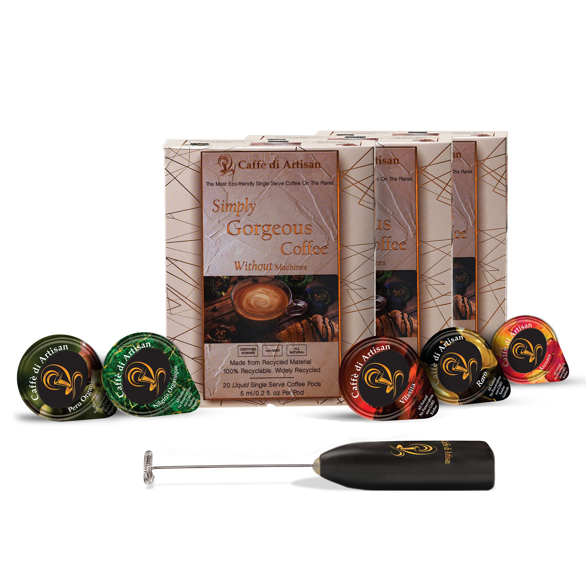 Caffè di Artisan Single Serve Liquid Coffee Pods – Sampler Bundle | Intensity–Mild to Strong| All Natural, Machine-free, Preservative-Free, 100% Biodegradable & Recyclable Pods(Combo Pack–60 Capsules)