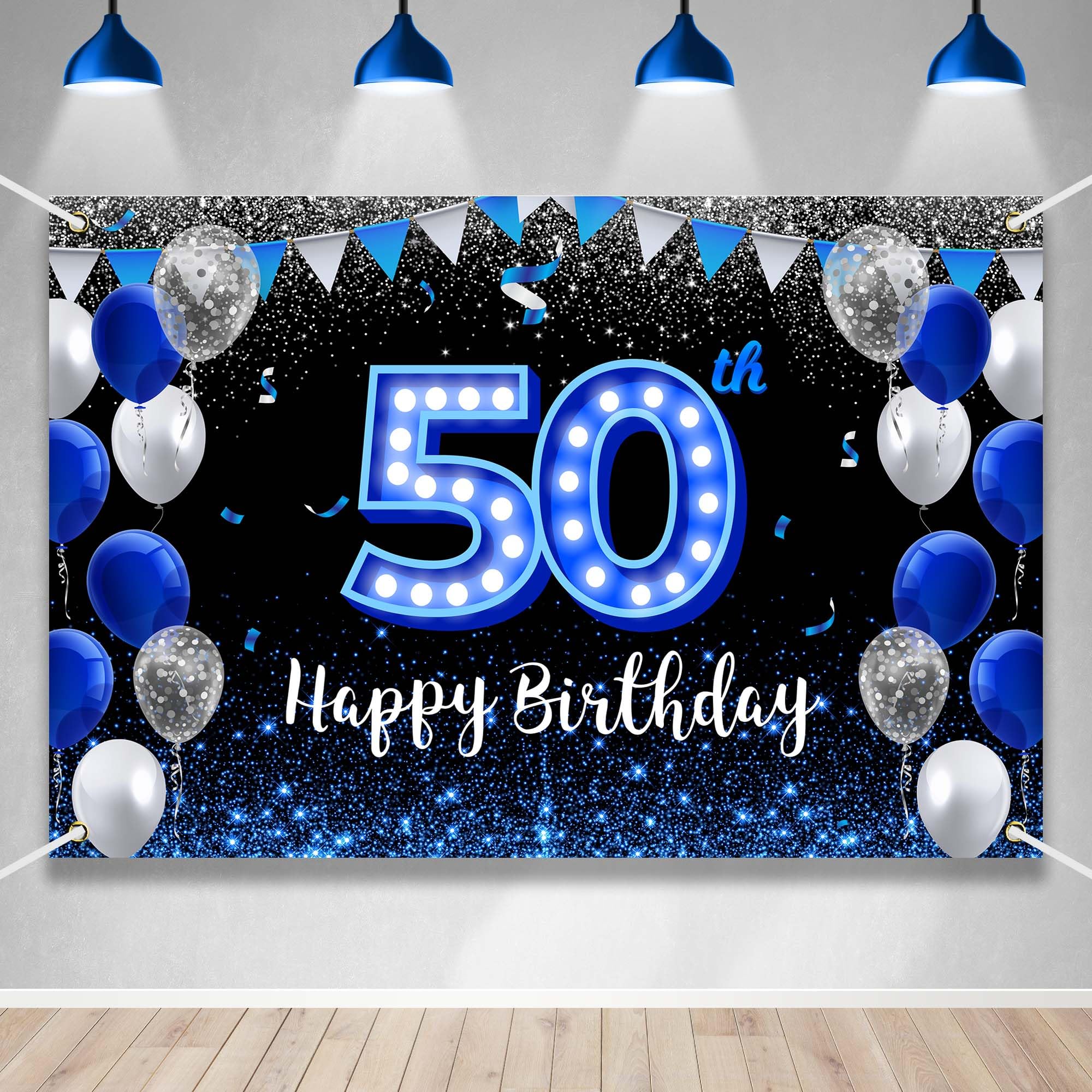Happy 50th Birthday Backdrop Banner Blue Black Theme Background with Blue Neon Light Shiny Fashion Birthday Party Photo Photography Prop Booth