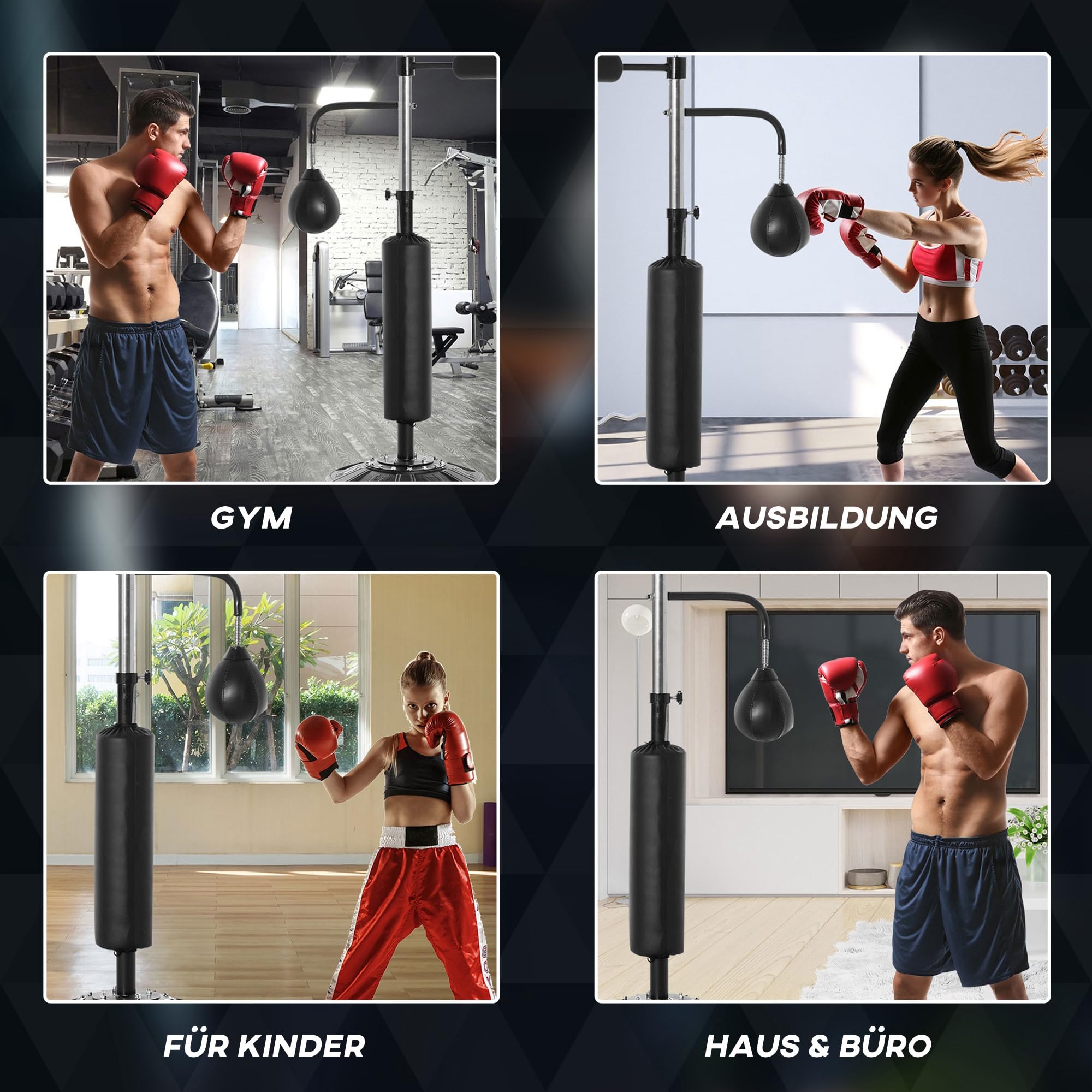 HOMCOM 4-in-1 Boxsack freistehend höhenverstellbar 160-230 cm Standboxsack mit 2 Speedbälle, 360° Reflexstange Punchingball Set Kickboxsack für Erwachsene und Jugendliche MMA Box Training
