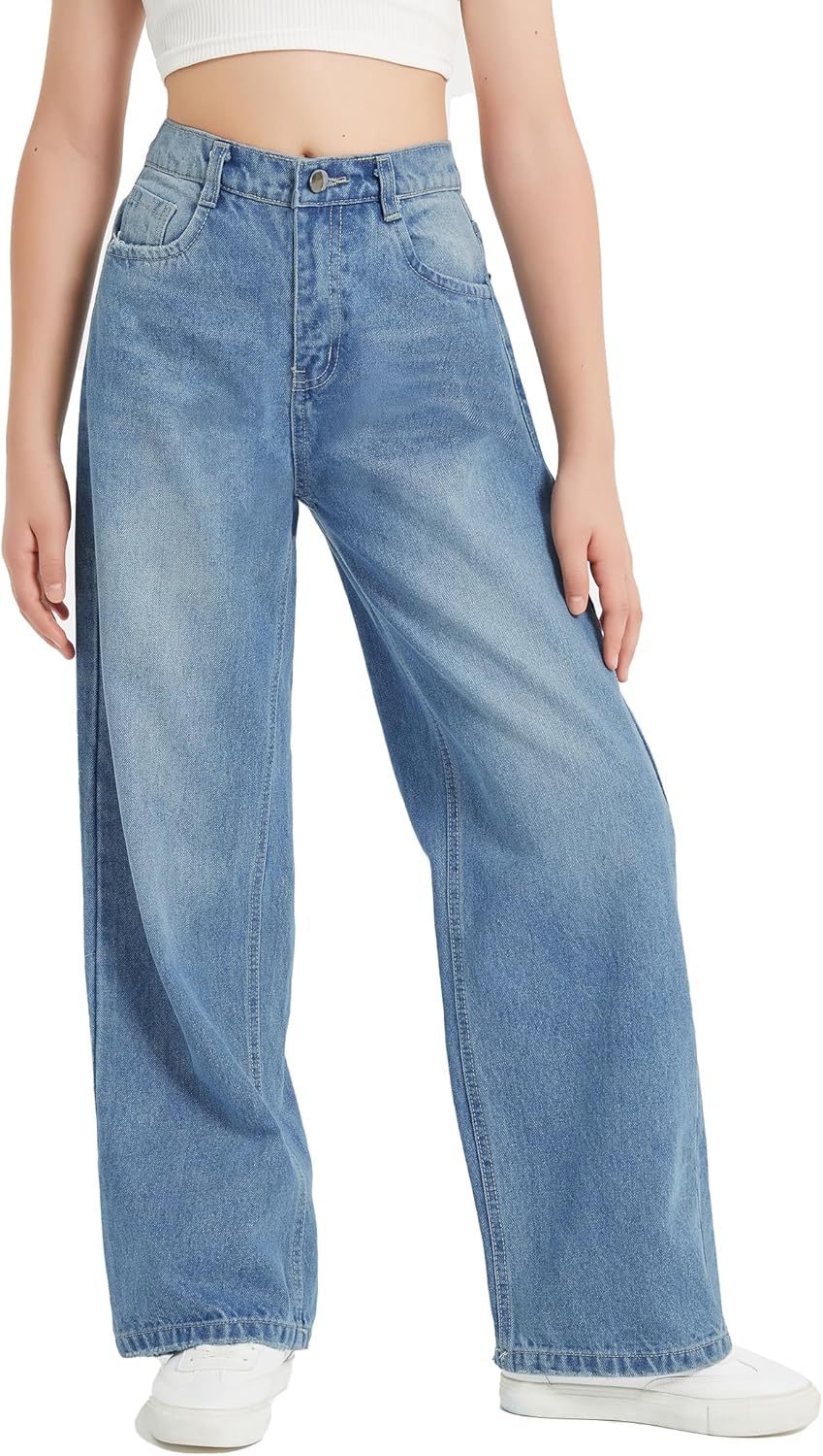 EXARUS Girls Jeans Baggy Wide Leg Cute Teen Denim Pants Junior Mid Rise Elastic Band with Pockets Casual Clothes