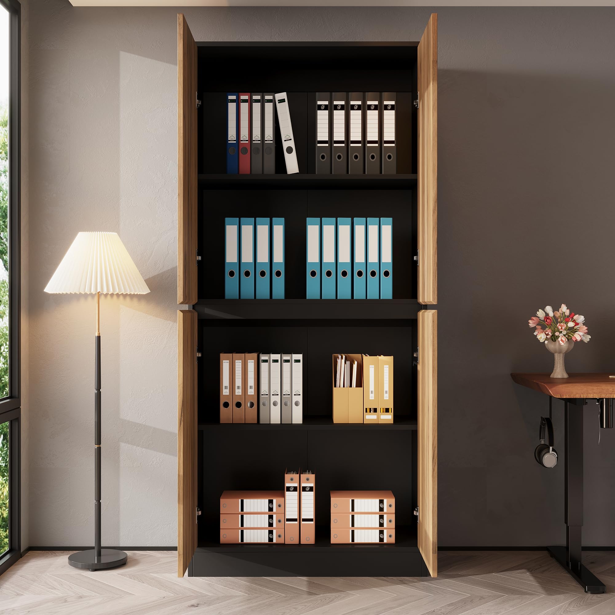 SUKY Armadietto per documenti, 80 x 35 x 180 cm, per ufficio, legno, rovere nero, ripiani regolabili, libreria, corridoio