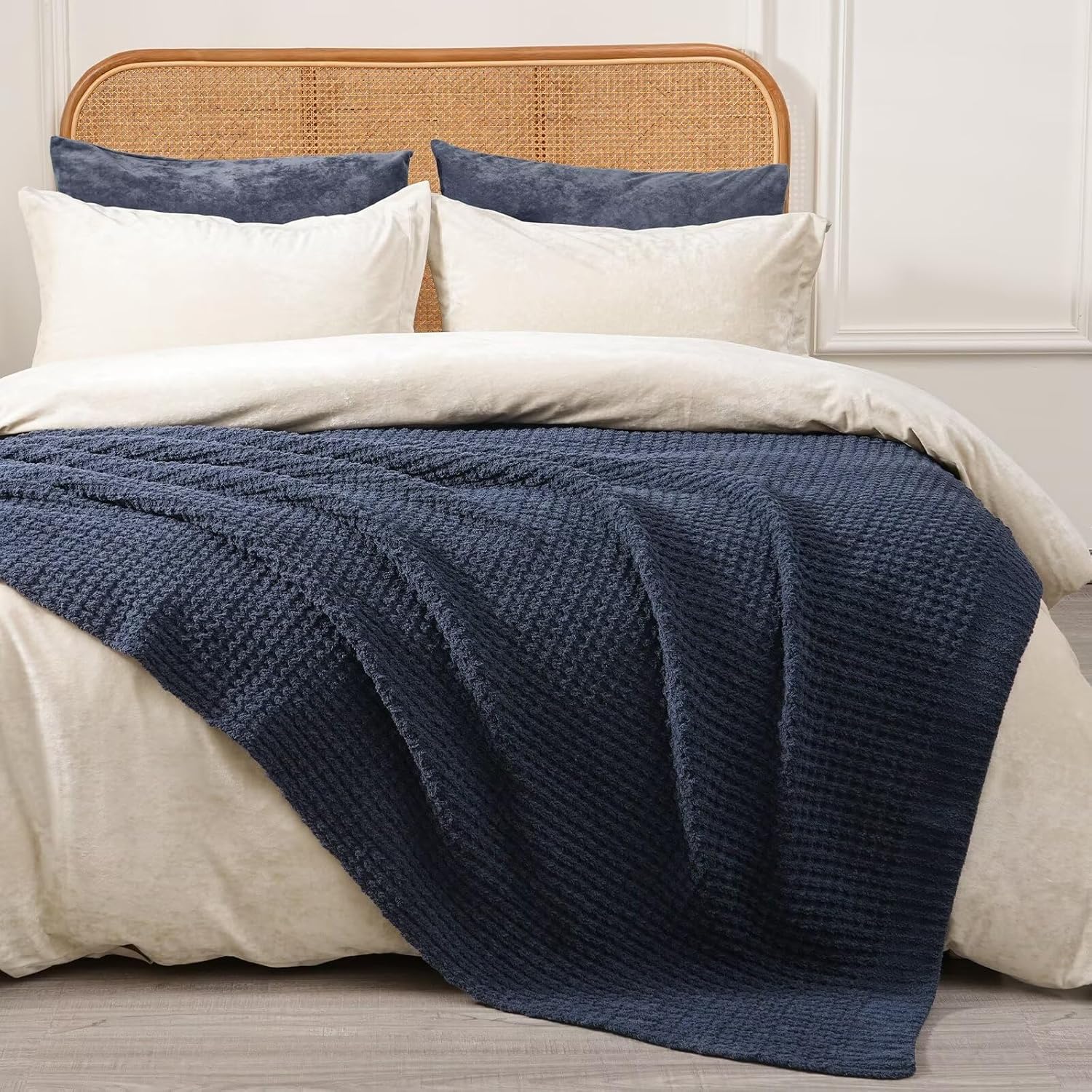 PHF Chenille Waffle Knit Throw Blanket- Plush Warm & Cozy 50" x 60" Ultra Soft Blanket- Chunky Fluffy Waffle Throws for Couch Bed Sofa - Navy Blue