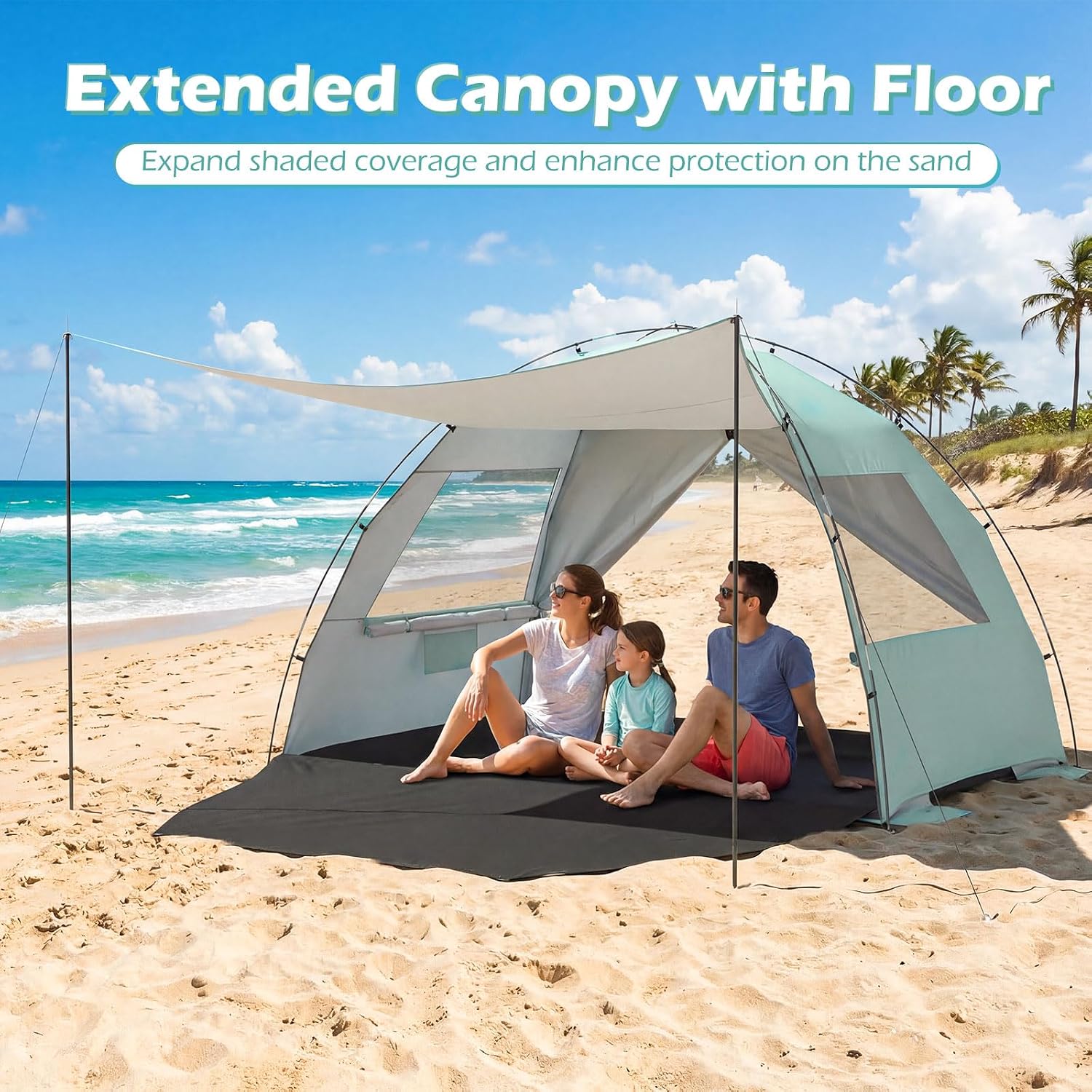 Tangkula 3/4/5/6 Person Pop Up Beach Tent with Canopy, UPF50+ Silver-Coated Lightweight Beach Sun Shelter with Extended Floor, 2 Vent Windows, 2 Zippered Doors, 2 Supporting Rods, Carrying Bag
