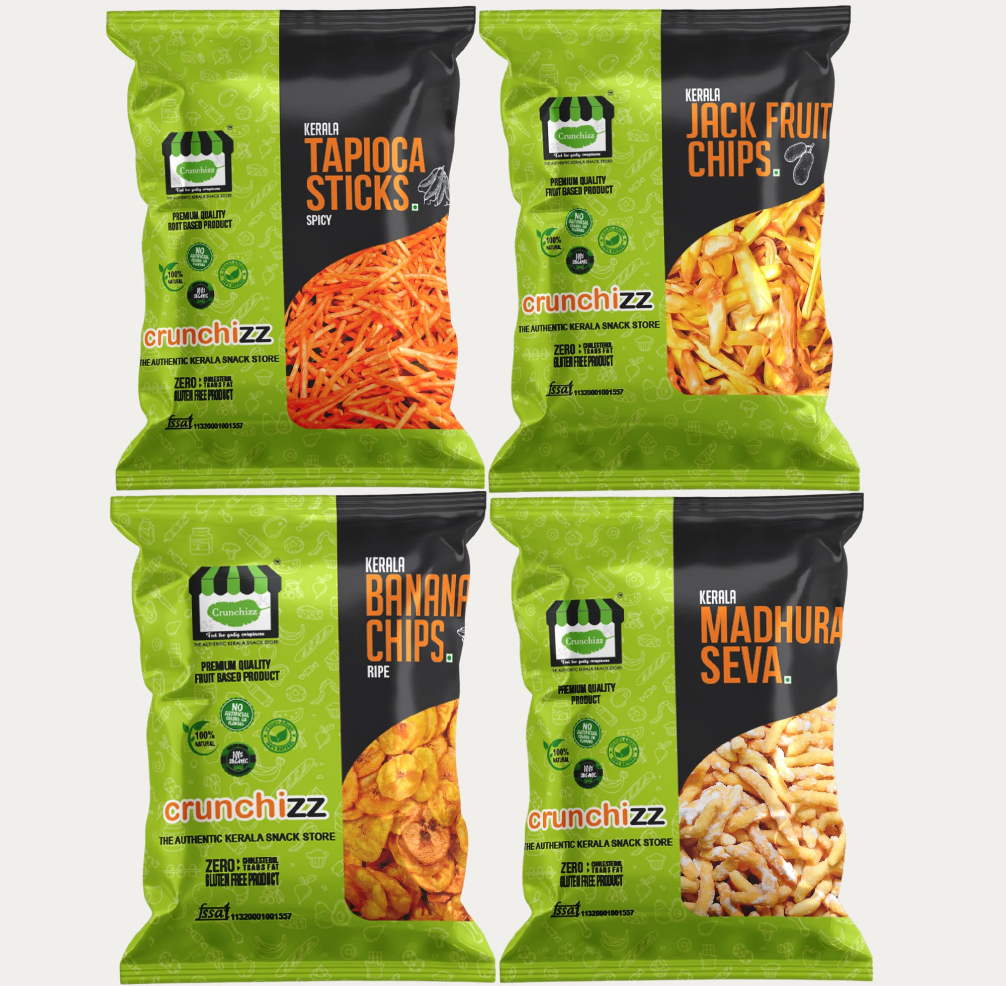 "CRUNCHIZZ 4 IN 1 COMBO PACK" - KERALA JACKFRUIT CHIPS, BANANA CHIPS RIPE, TAPIOCA STICKS SPICY, MADHURASEVA - 200g Each
