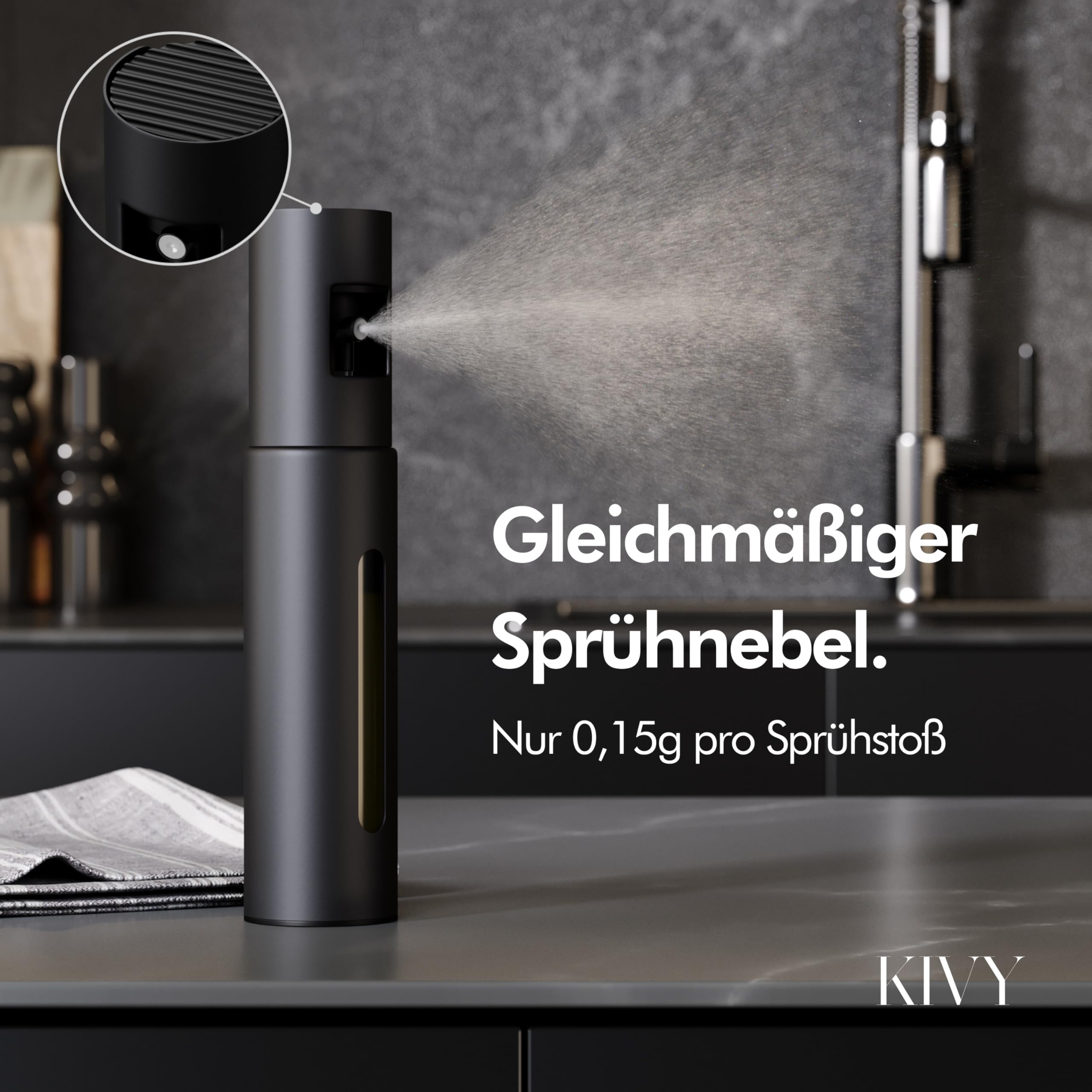 KIVY Ölsprüher [100ML] - Öl Sprühflasche mit Präzisem Sprühkopf - Ölspray Oil Sprayer Oelsprüher - Ölsprühflasche Ölzerstäuber - Sprühöl Kochen Ölsprayer - Olivenöl Spray Öl-Sprühflasche - Schwarz