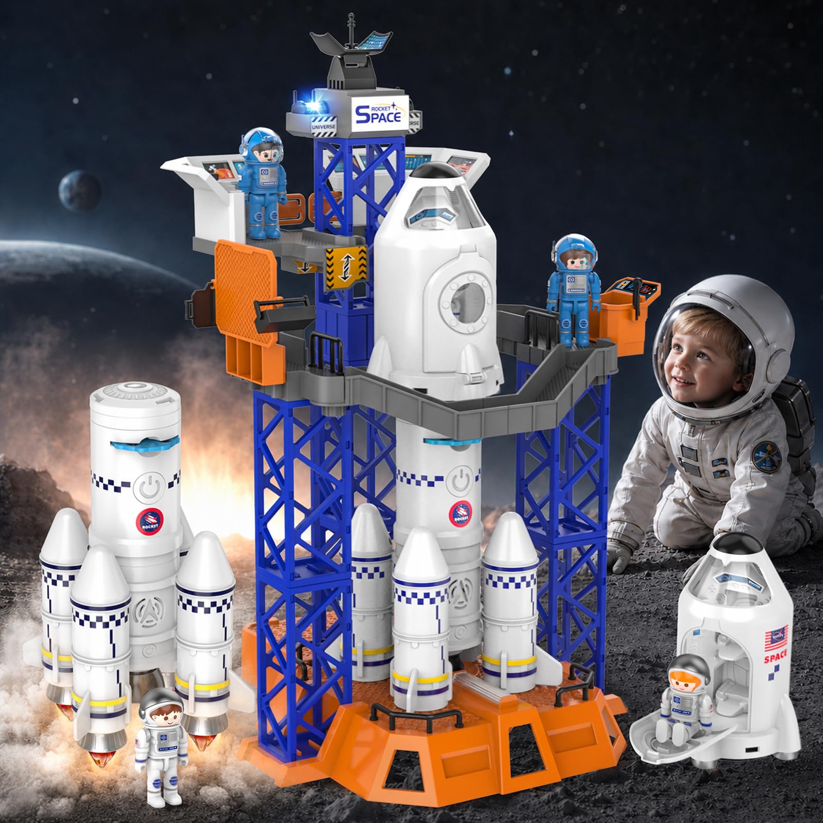 JeeMoien Rocket Ship Toys for Kids 3-5 5-8, Space Rocket Toy with Rocket Launcher, Astronaut and Space Shuttle Toys, Kids Spaceship Toy Educational Learning Boys Birthday Gift for 4-9 Year Old