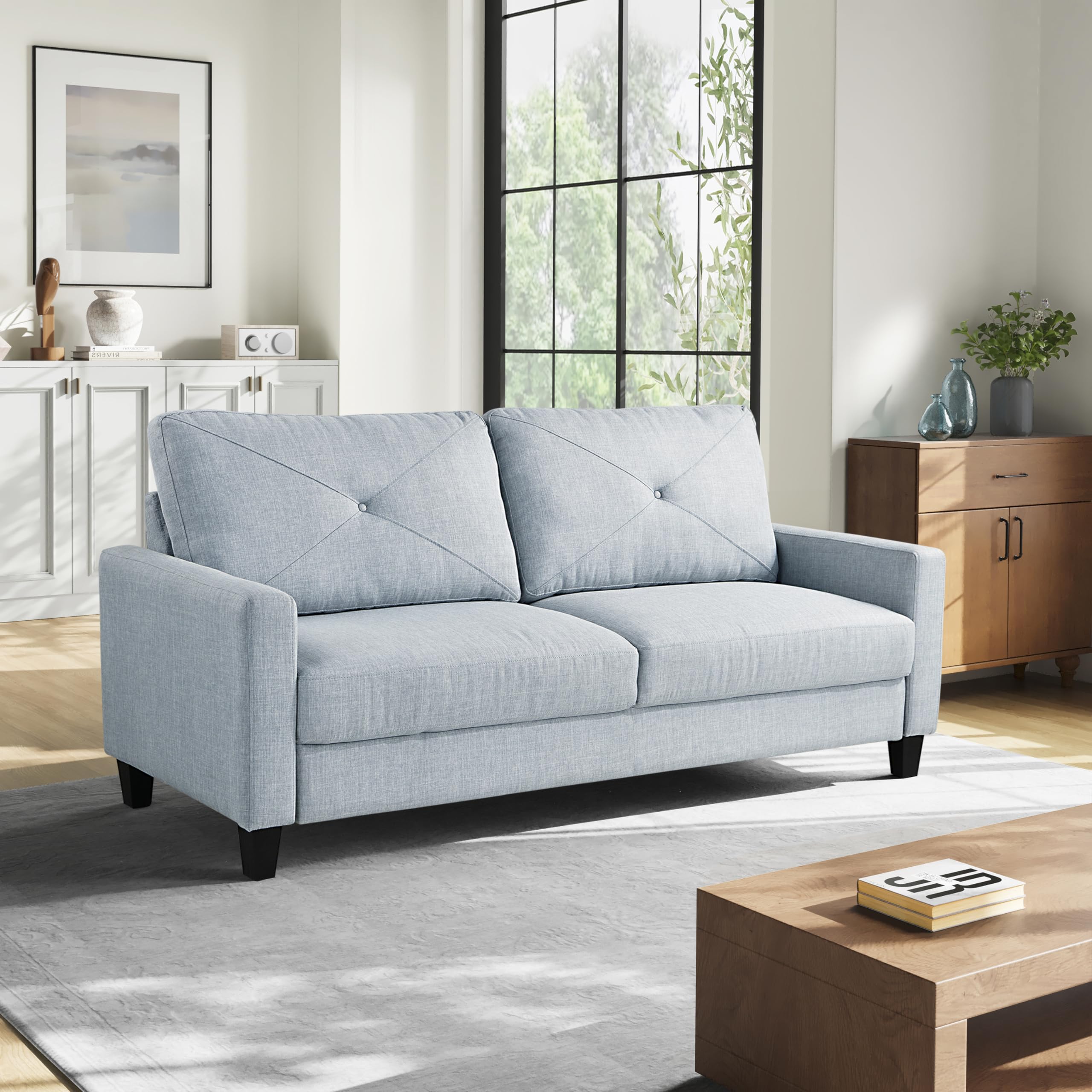 Serta® Lindbergh 70.5" Modern Transitional Sofa, Tufted Back Cushion, Square Track Arms, Solid Wood Legs, Dream Coil® Comfort, Woven Polyester Fabric,