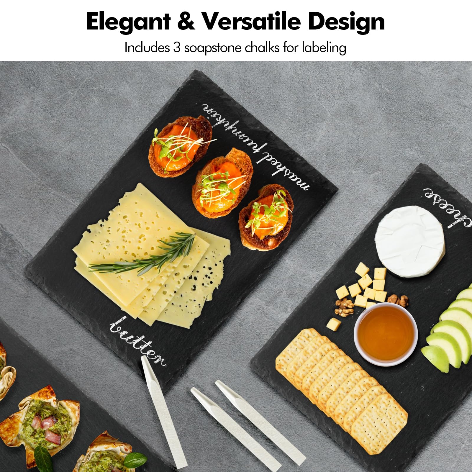 poeland Set of 6 Natural Slate Serving Plates, Slate Cheese Boards with 3 Soapstone Chalks - Image 4