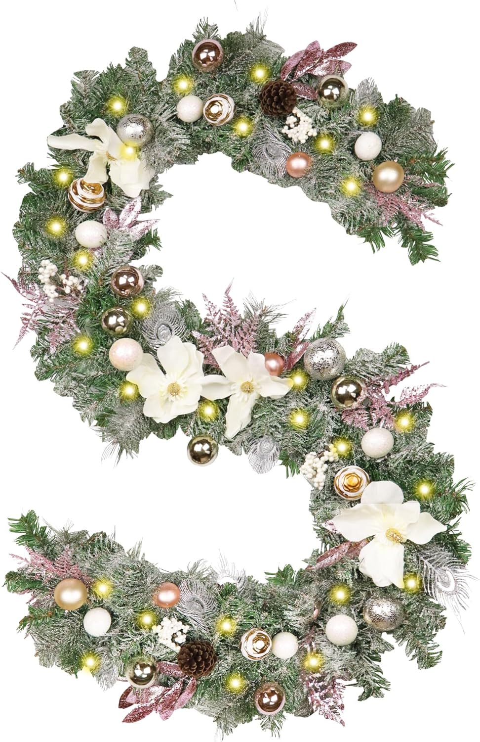 Christmas Garland with Lights,6 Ft Pink Christmas Decor for Mantle Stairs, Winter Flocked Garland with White Flower Christmas Balls Pinecone Feather and Pink Leaves for Indoor Outdoor Decor