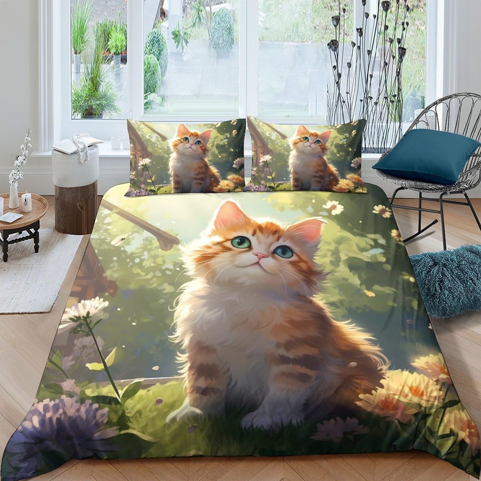 Ctjqhvkz Style-4 3D Printed Cute Ginger Cat Fitted Sheet Microfiber Soft Bedroom Decor Orange Tabby Mattress Cover For Home Guest Room Single（135X200cm）