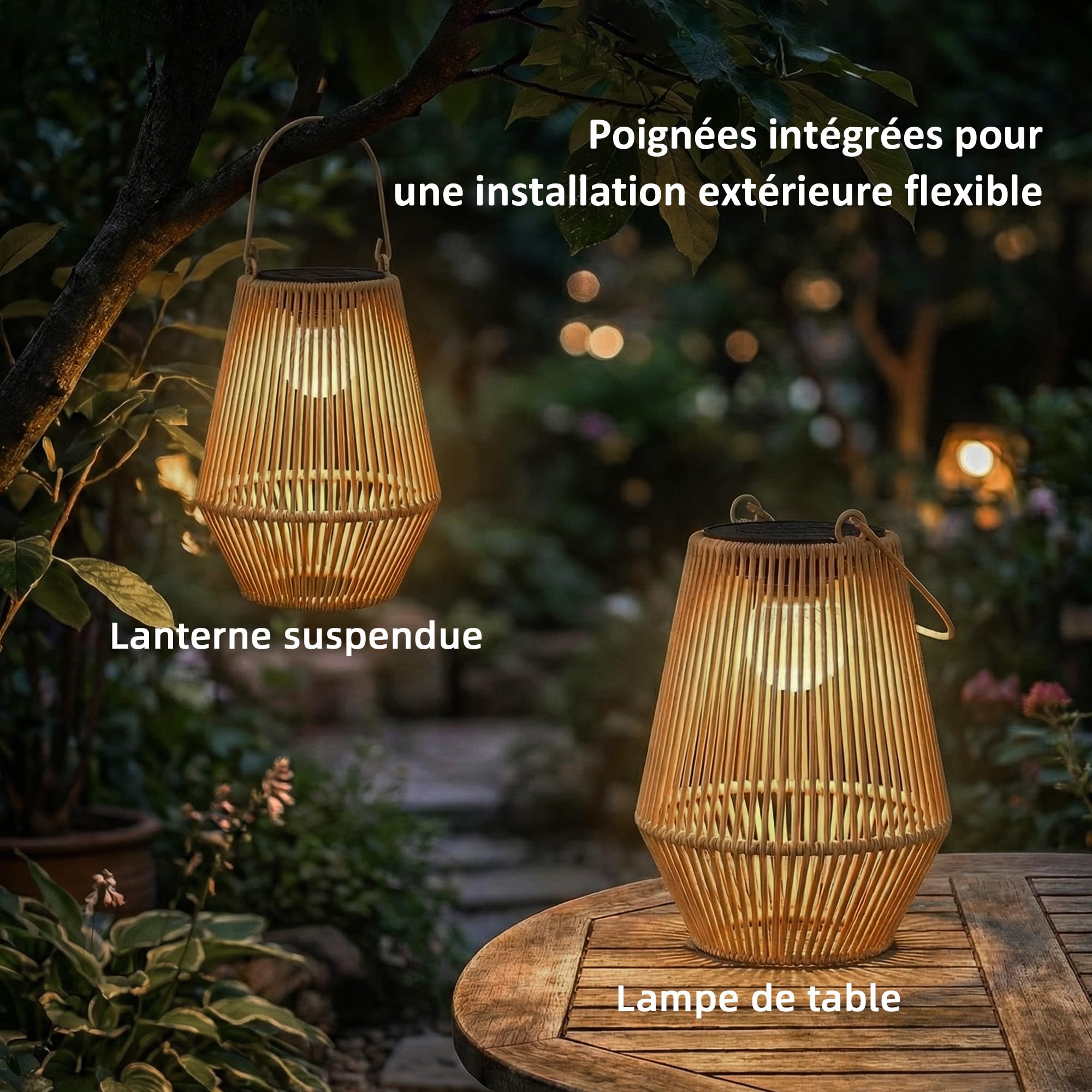 Outsunny Lot de 2 Lanternes Solaires Suspendues Extérieur, Lampes de Jardin en Résine Tressée avec Allumage Automatique, Poignée, IP44, pour Terrasse, Chemin, Marron
