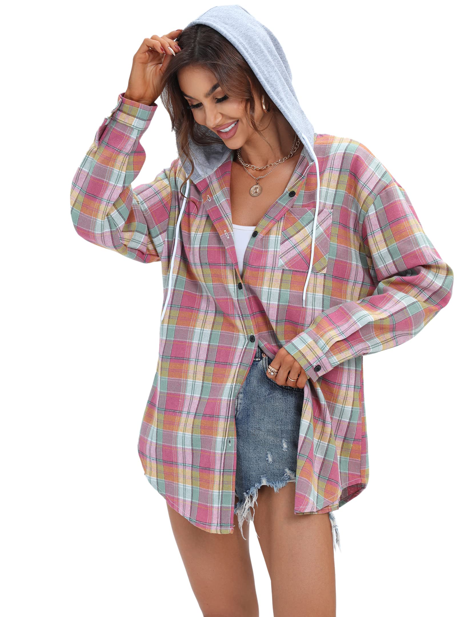 Camicie da donna oversize in flanella con cappuccio a maniche lunghe button down fidanzato a quadri